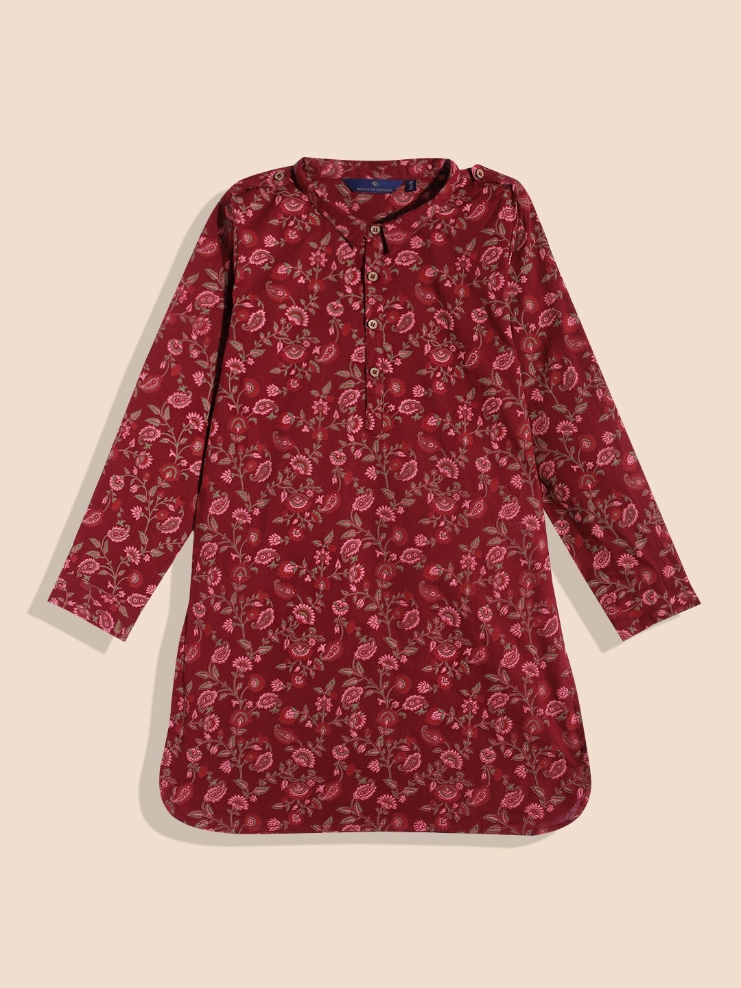 

House of Pataudi Boys Pure Cotton Paisley Printed Pathani Kurta, Maroon