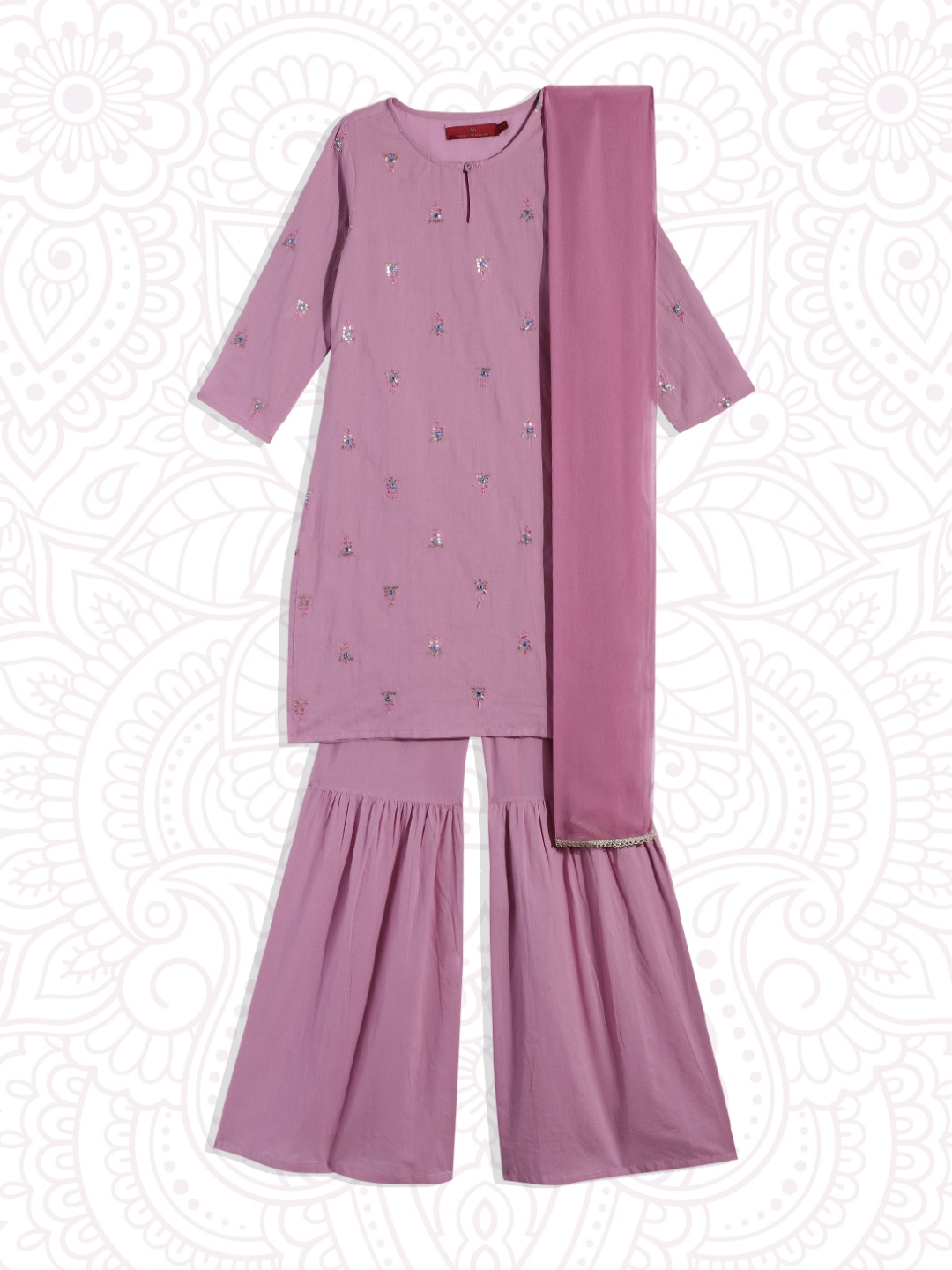 

House of Pataudi Girls Pink Embroidered Kurta with Sharara & Dupatta