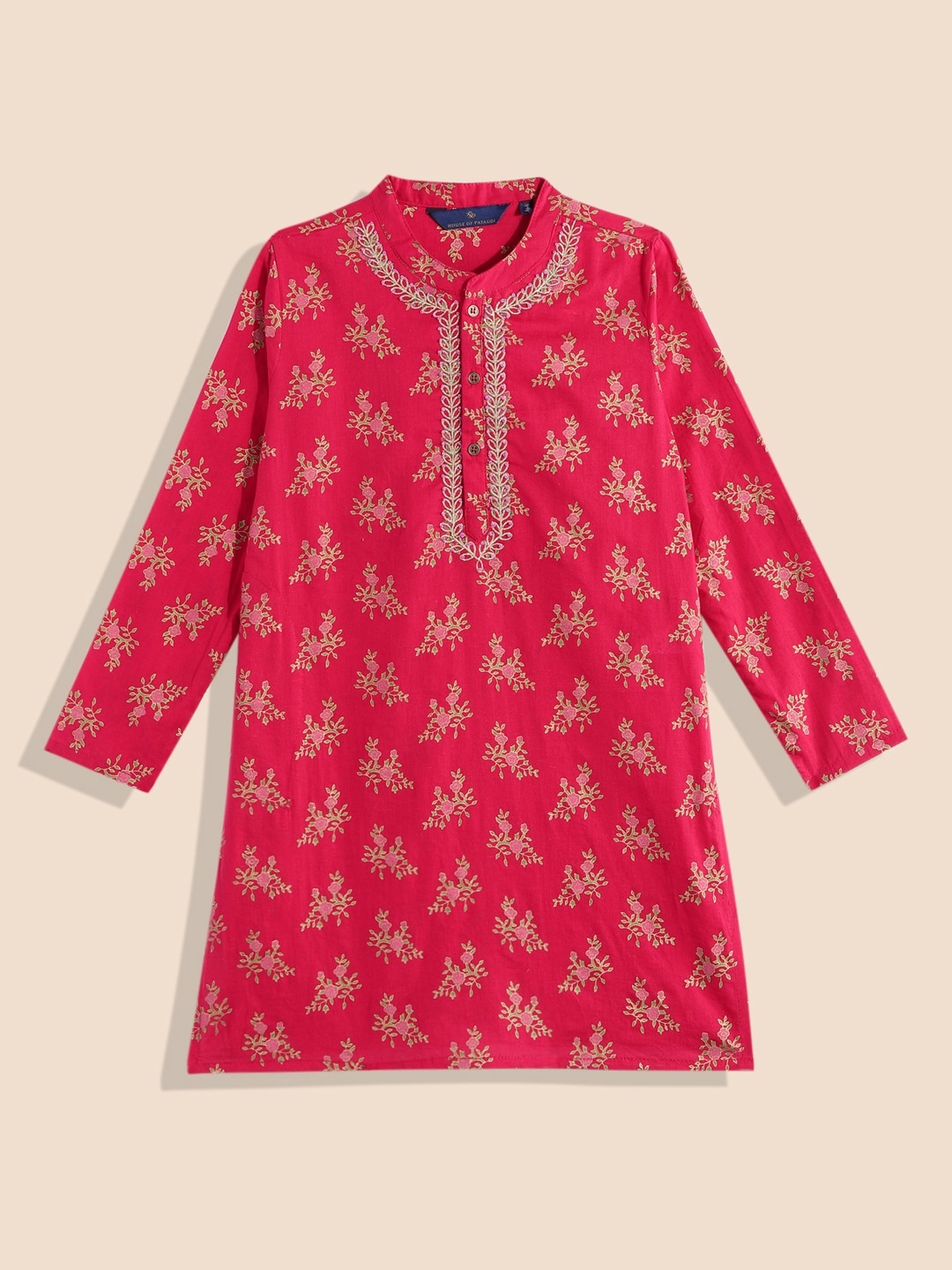 

House of Pataudi Boys Embroidered Pure Cotton Kurta, Pink