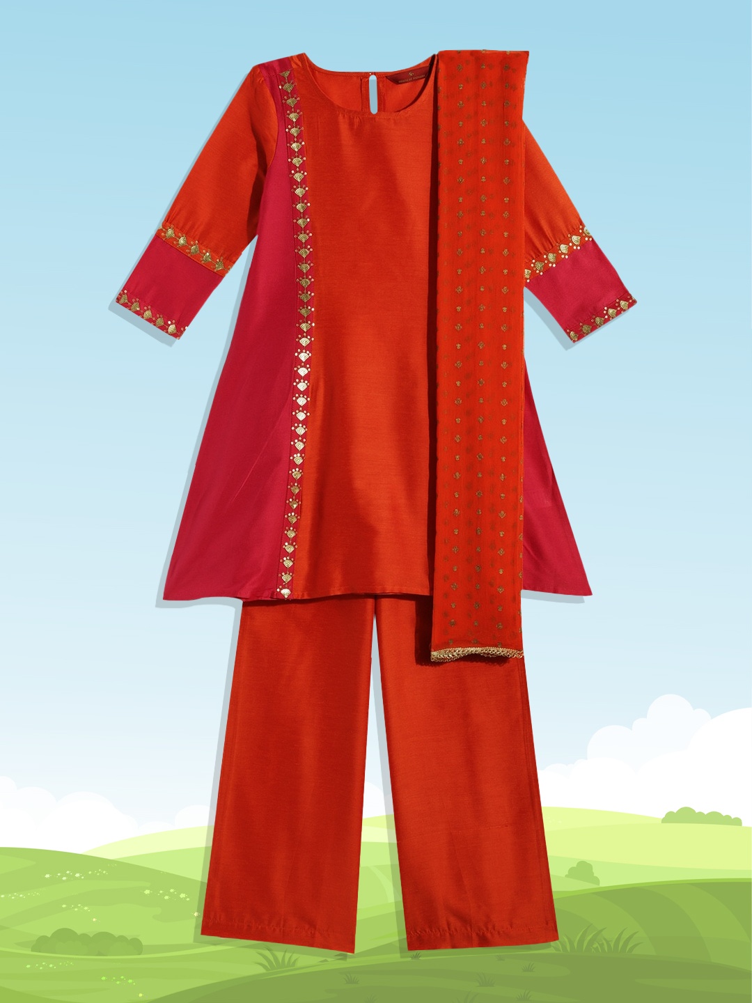 

House of Pataudi Girls Pink & Orange Sequinned Kurta with Trousers & Dupatta