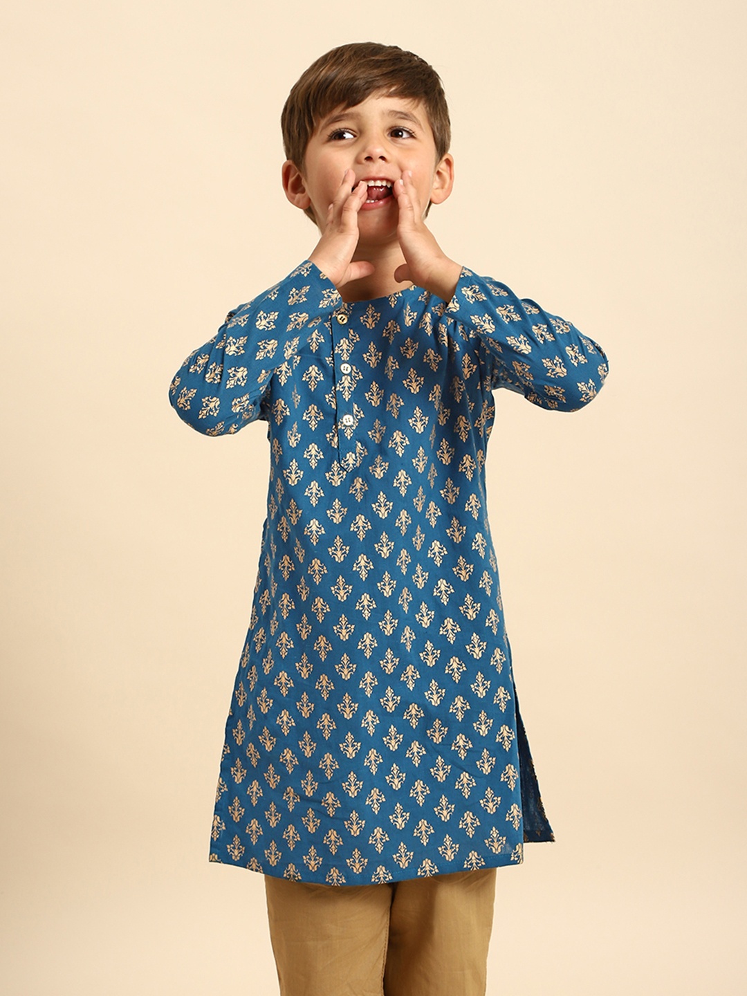 

House of Pataudi Boys Pure Cotton Ethnic Motifs Printed Kurta, Blue
