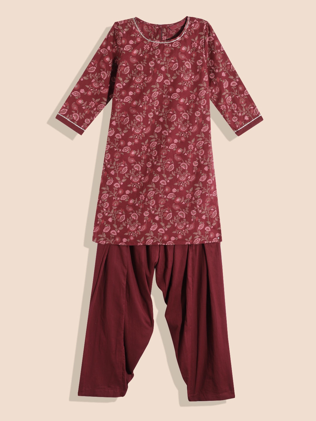 

House of Pataudi Girls Pure Cotton Ethnic Motifs Print Regular Kurta Set, Maroon