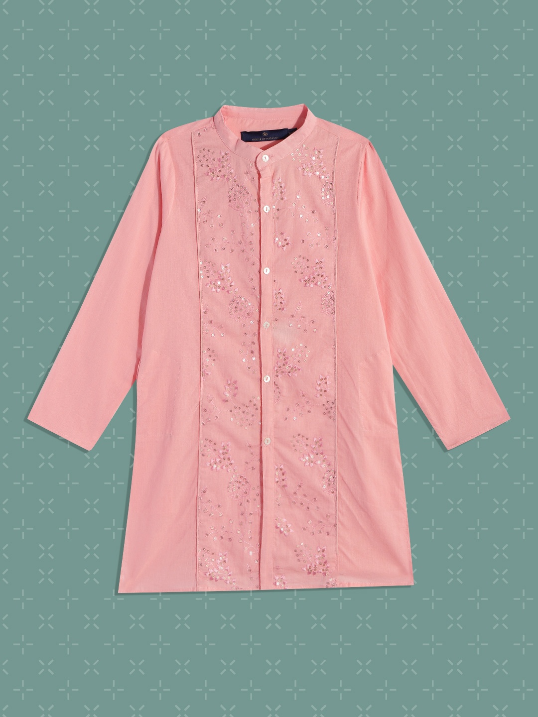 

House of Pataudi Boys Pink Embroidered Sequin Embellished Pure Cotton Kurta