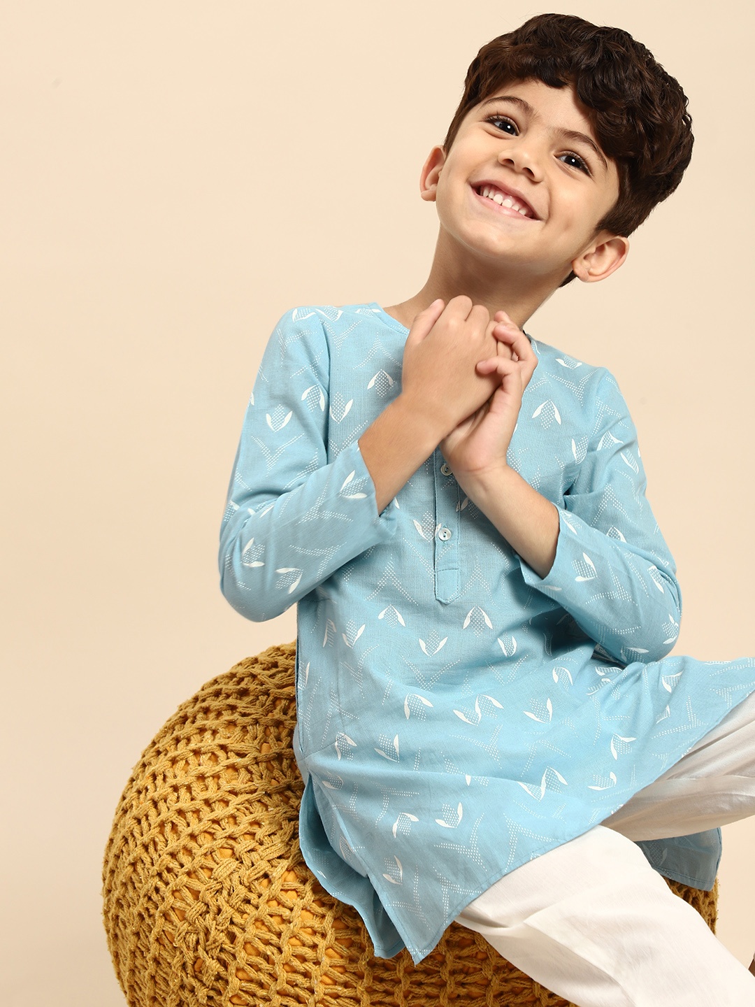 

House of Pataudi Boys Blue & White Ethnic Motifs Printed Pure Cotton Kurta