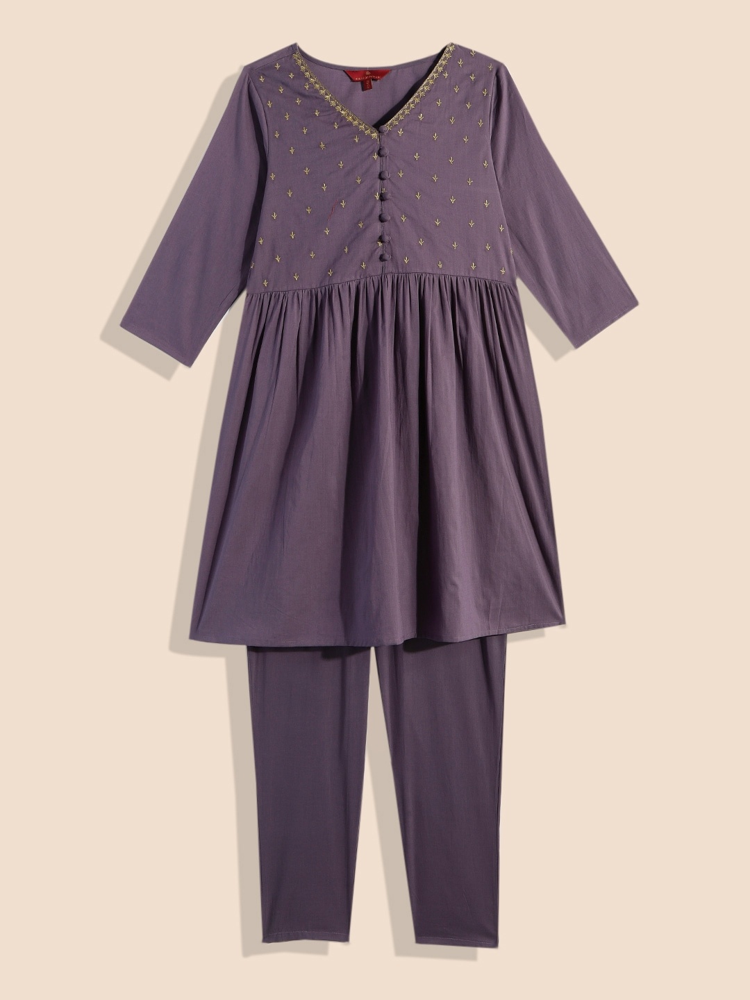

House of Pataudi Girls Purple Embroidered Pure Cotton Kurta with Trousers