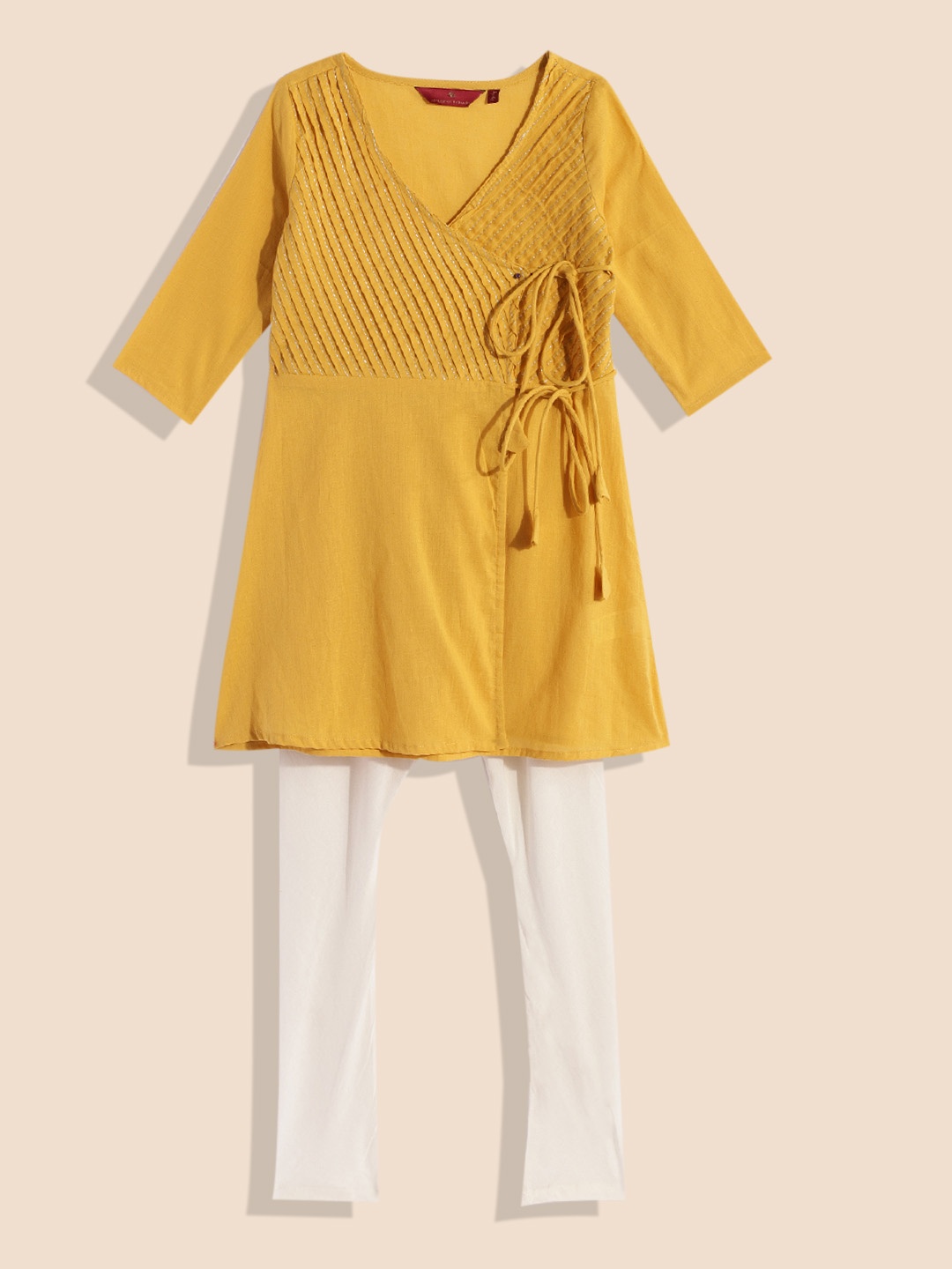 

House of Pataudi Girls Rozana Angrakha Pure Cotton Kurta with Churidar, Mustard