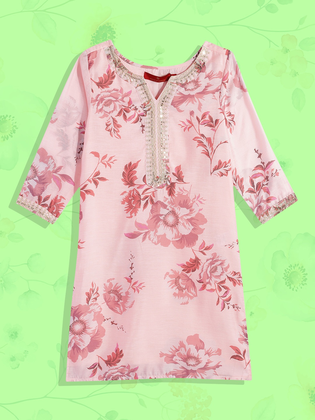 

House of Pataudi Girls Pink Floral Printed Floral Kurta