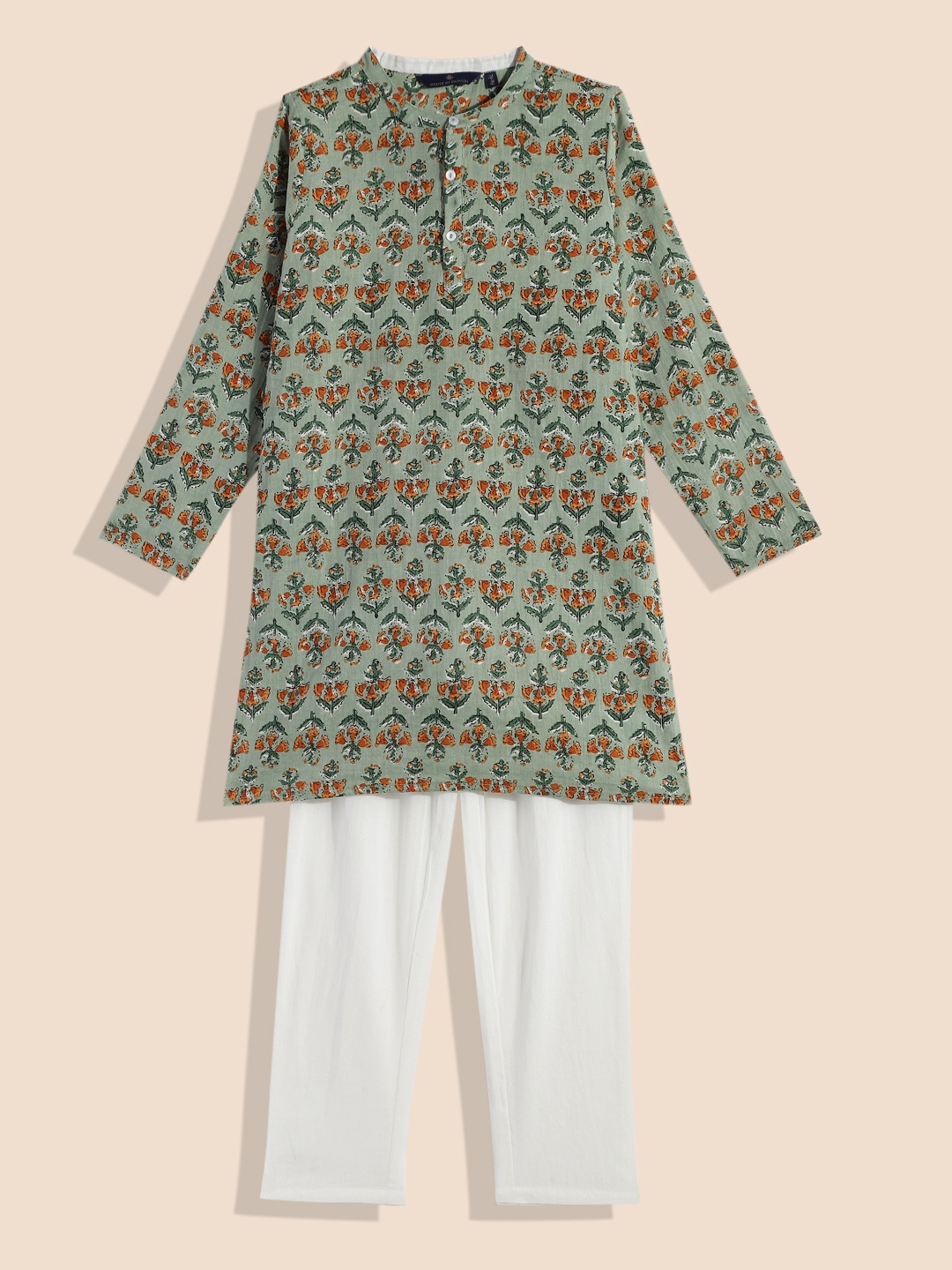 

House of Pataudi Boys Green & White Printed Pure Cotton Kurta with Pyjamas