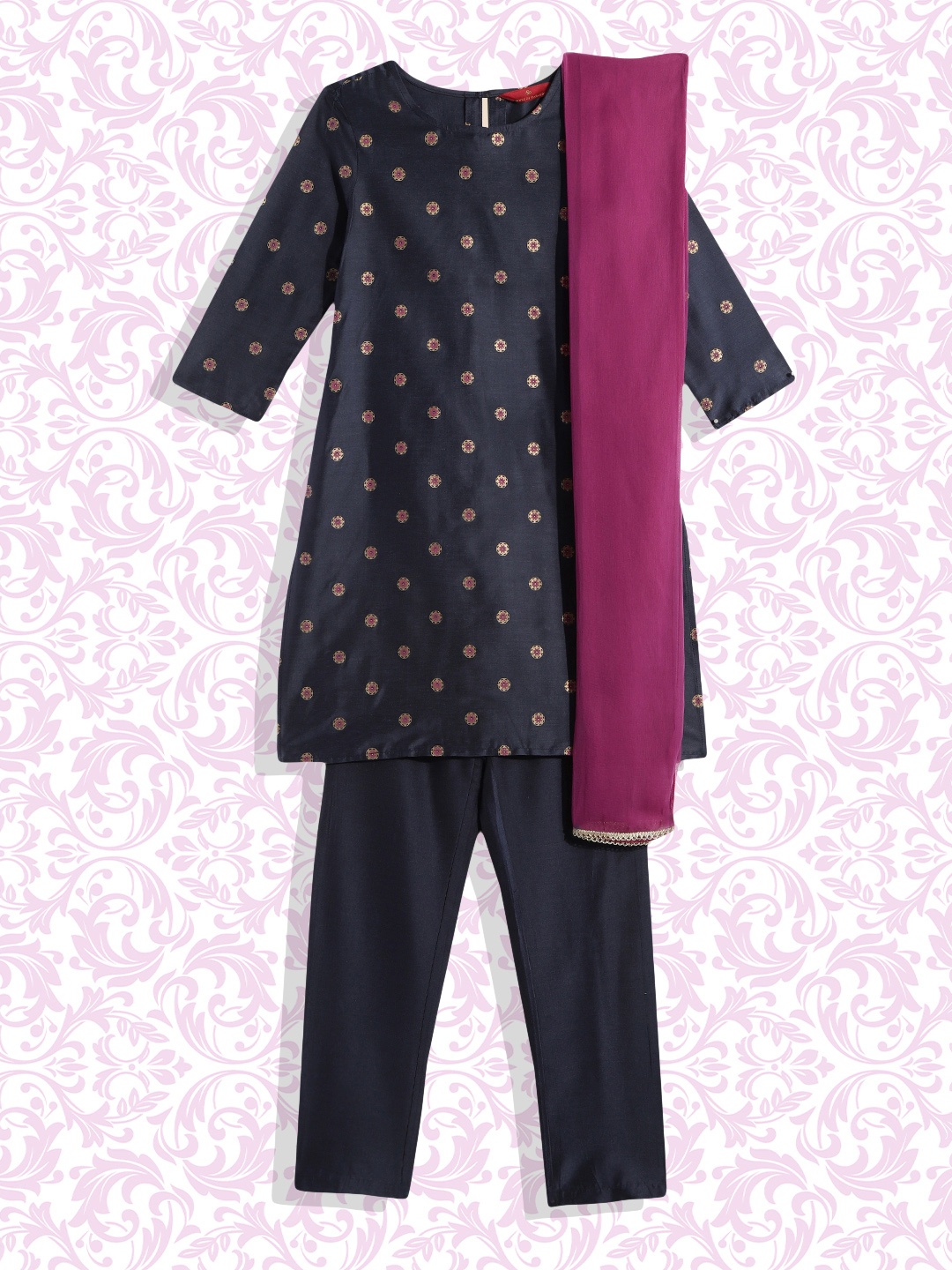 

House of Pataudi Girls Navy Blue Printed Pure Cotton Jashn Kurta Set