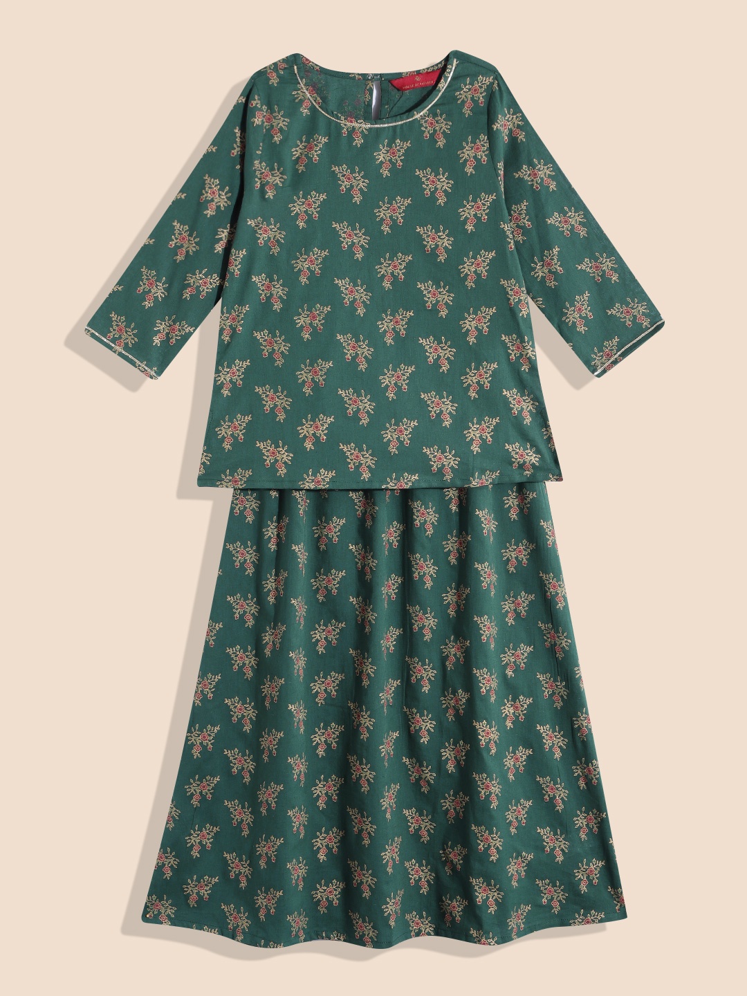 

House of Pataudi Girls Pure Cotton Printed Ready to Wear Lehenga Choli, Green