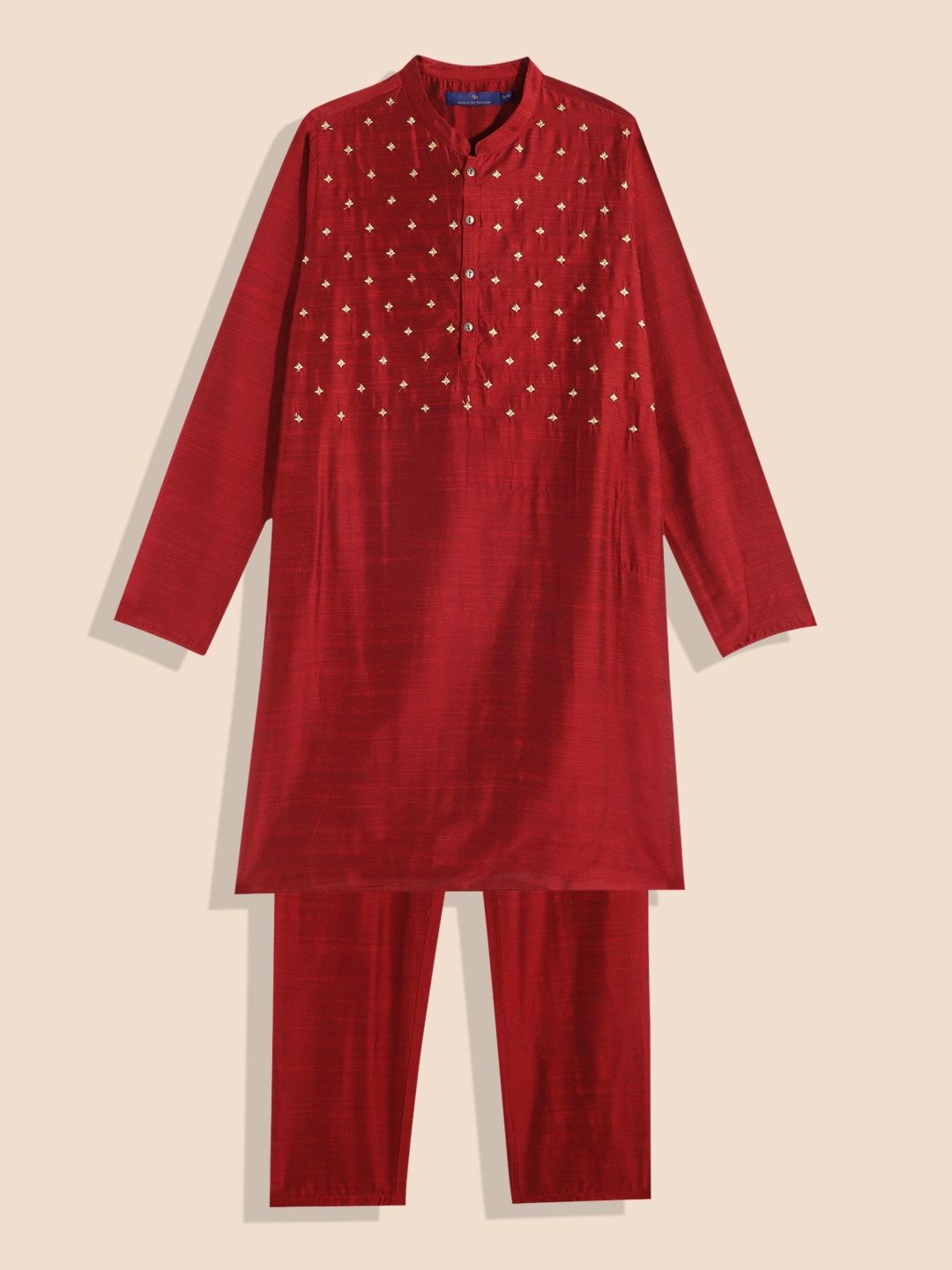 

House of Pataudi Boys Maroon Floral Embroidered Kurta with Trousers