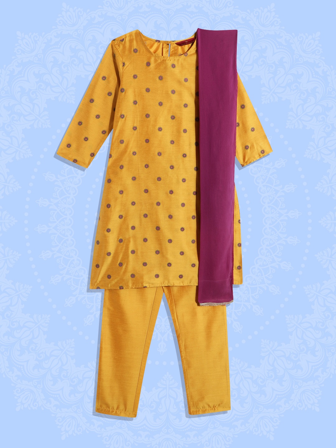 

House of Pataudi Girls Yellow Printed Pure Cotton Jashn Kurta Set