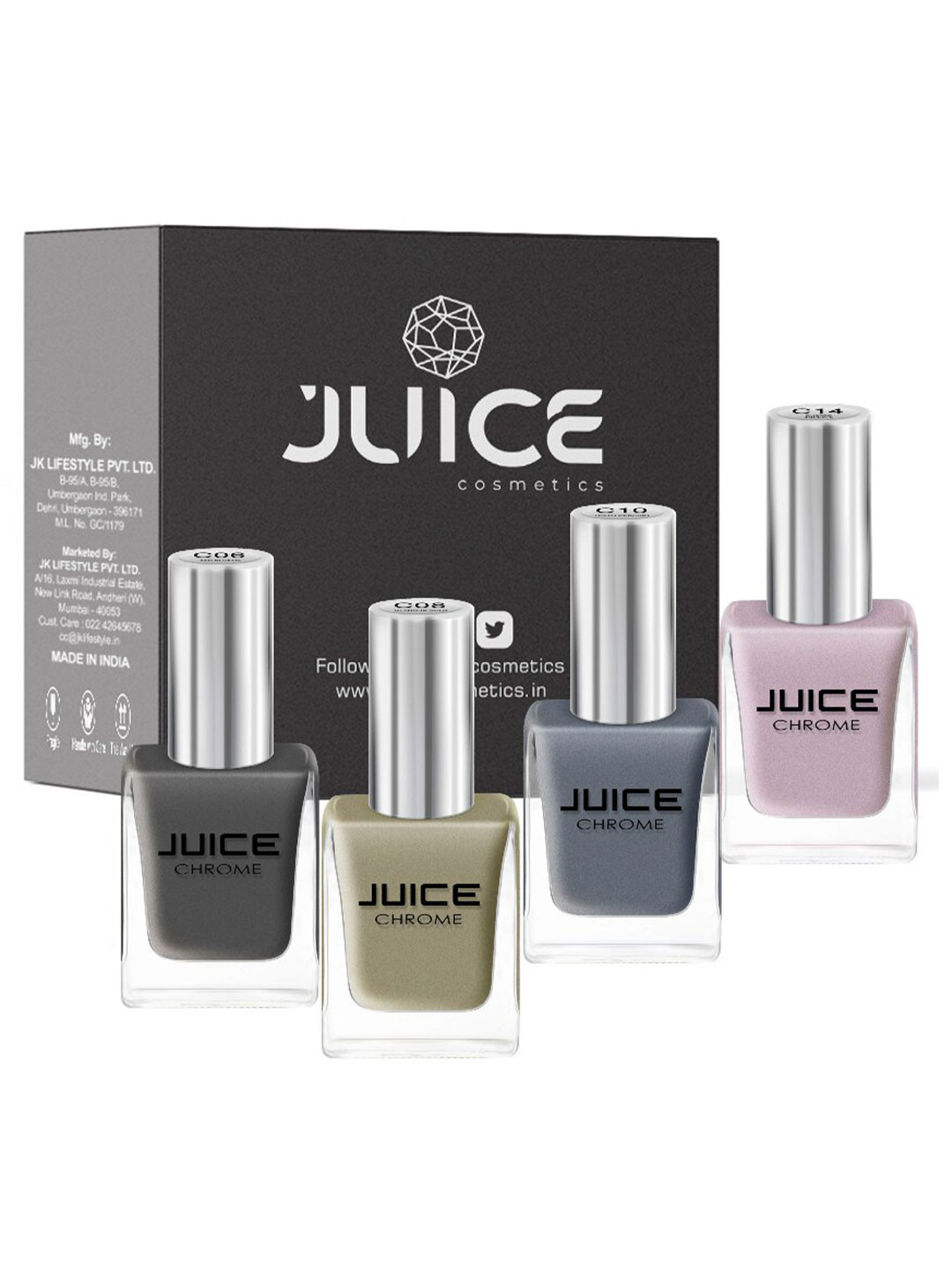 

JUICE Set of 4 Nail Paint Blonde-C06 Glamour Gold-C08 Liquid Mercury-C10 Dusted Truffle-C14 44 ml, Multi