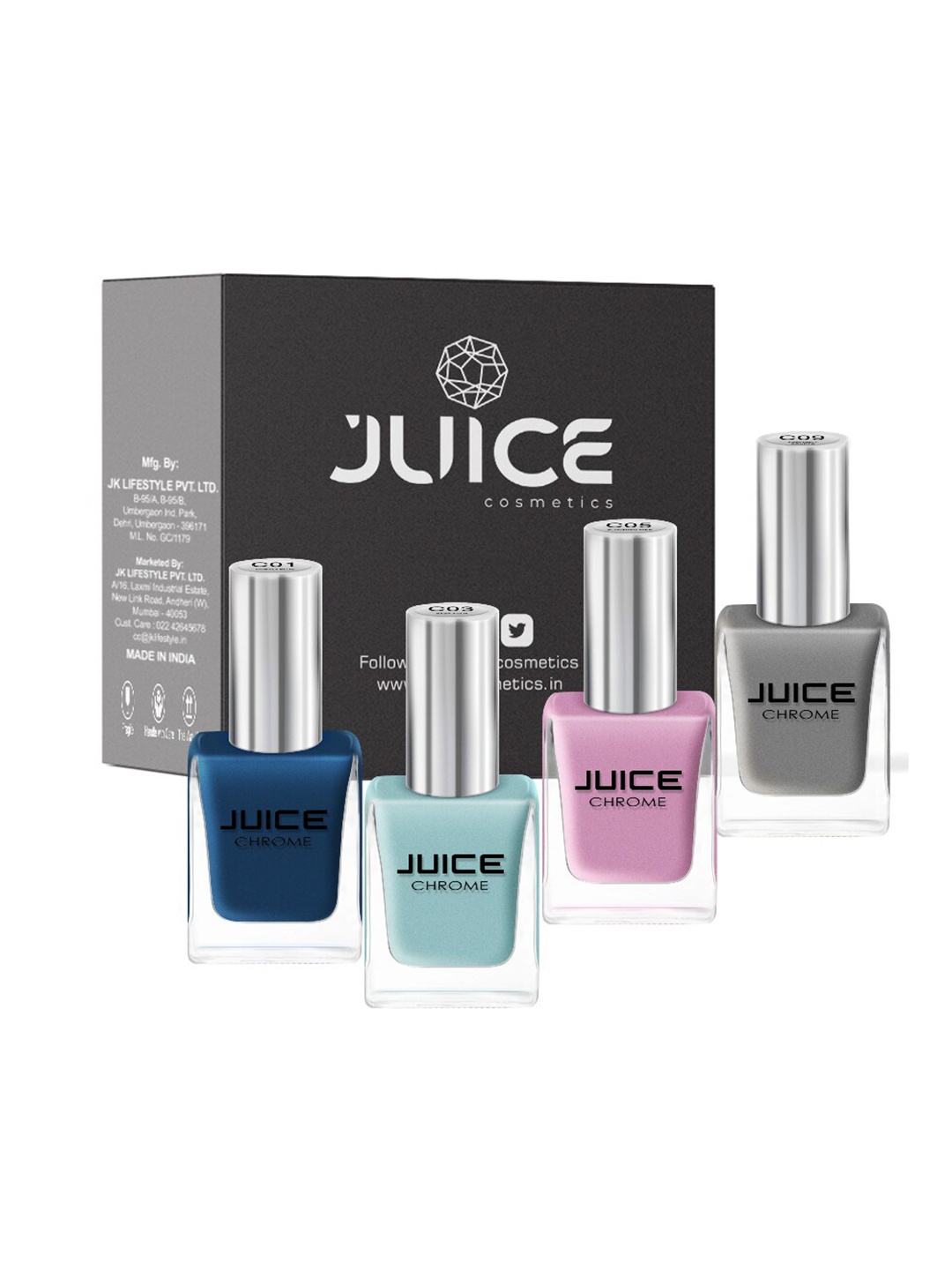 

JUICE Set of 4 Nail Paint Cobalt Blue-C01 Baby Aqua-C03 Blooming Pink-C05 Handball Courts-C09 44 ml, Multi