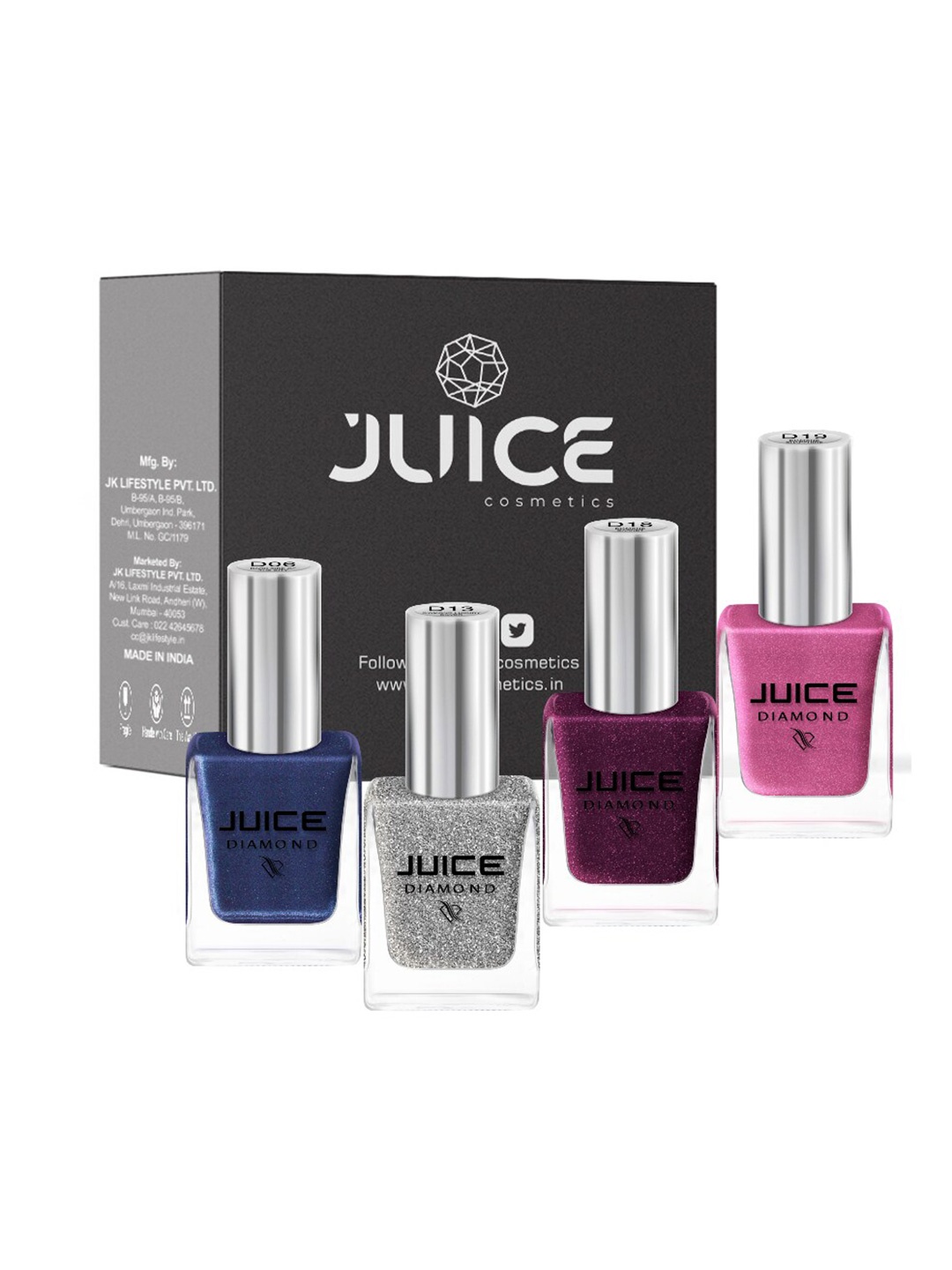 

JUICE Set of 4 Nail Paint Blue-D06 Luxury Silver-D13 Diamond Garnet-D18 Diamond Shapphire-D19 44 ml, Multi