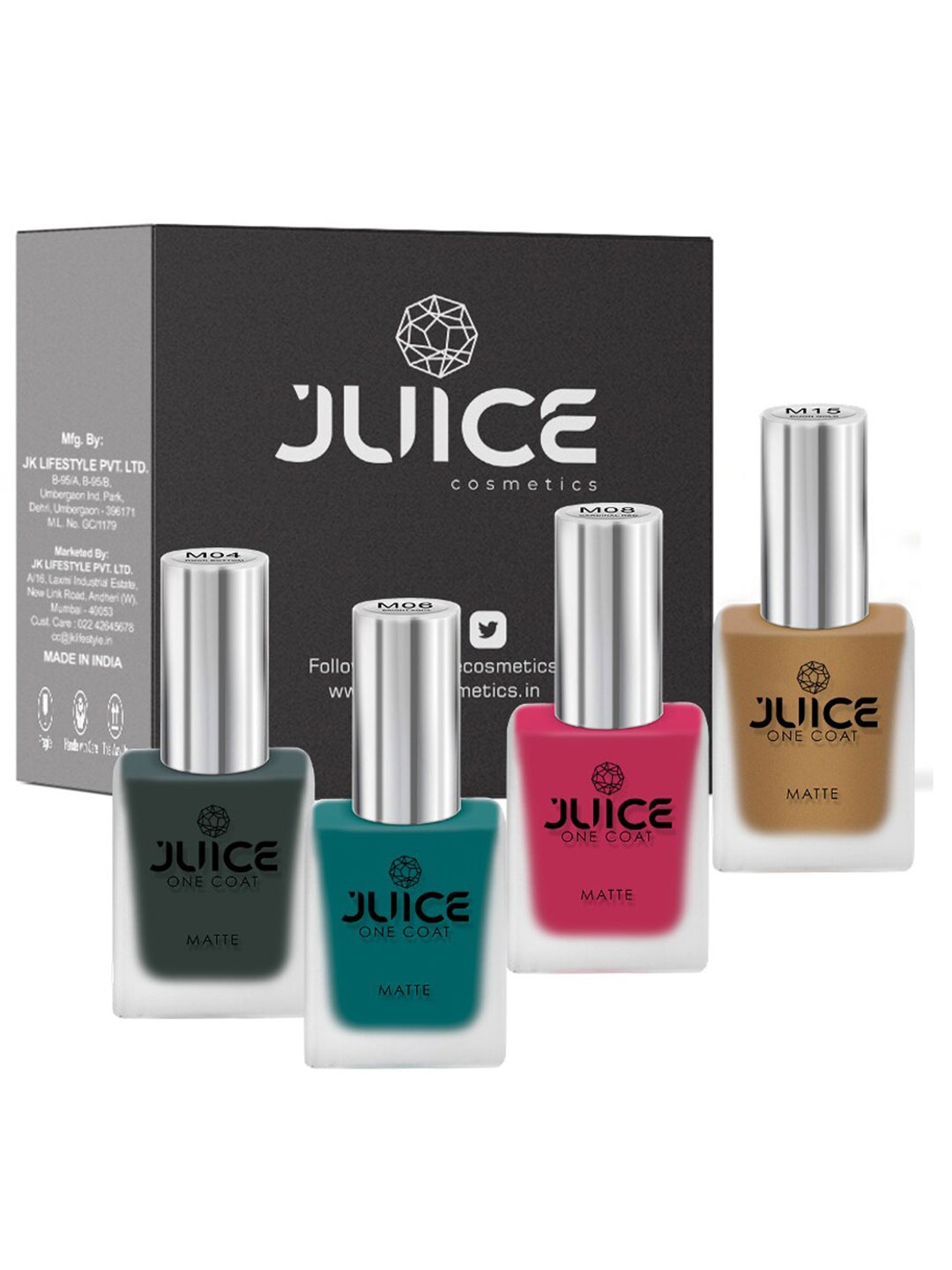 

JUICE Set of 4 Nail Paint Rock Bottom-M04 Bright Aqua-M06 Cardinal Red-M08 Dijon Gold-M15 44 ML, Multi