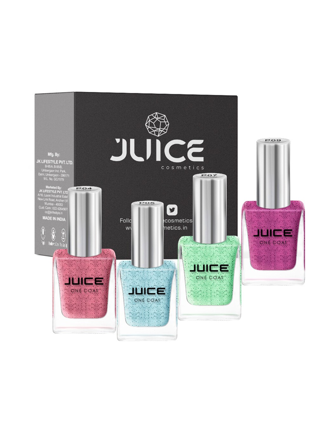 

JUICE Set of 4 Nail Paint Italian Rose-P03 Glorious Sky-P05 Spring Green-P07 Hot Top Pink-P09 44 ml, Multi