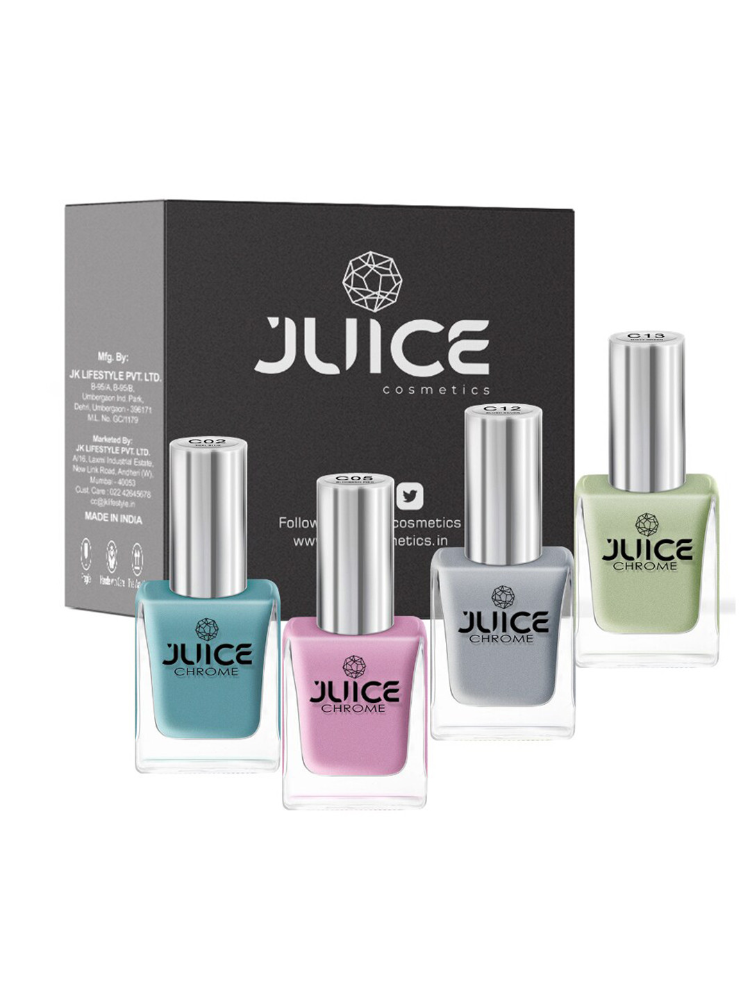 

JUICE Set of 4 Nail Paint Teal Blue-C02 Blooming Pink-C05 Blush Silver-C12 Misty Green-C13 44 ml, Multi
