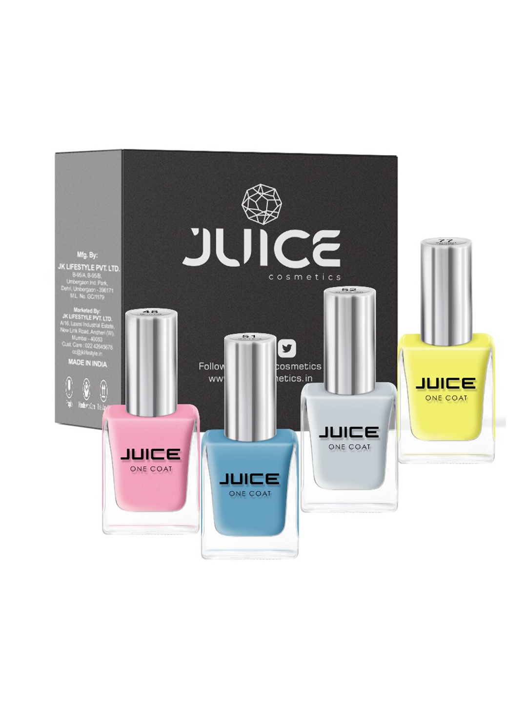 

JUICE Set Of 4 Hello Pink-48 Dusty Blue-51 Natural Gray-52 Butterfly Yellow-77 Nail Polish, Multi
