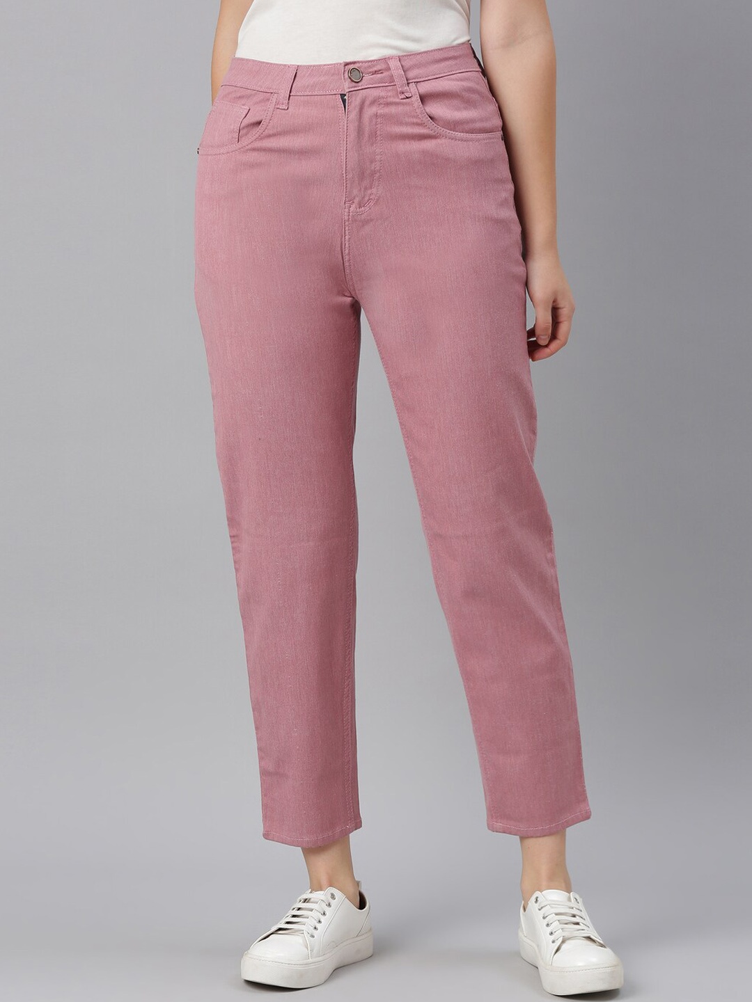 

ZHEIA Women Pink Relaxed Fit High-Rise Stretchable Crop Jeans