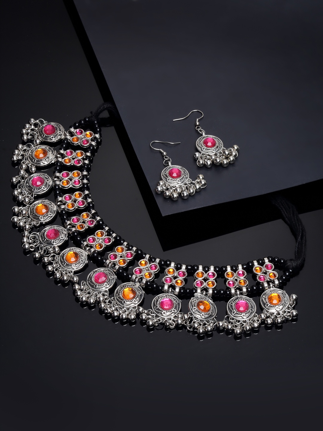 

PANASH Oxidized Silver-Toned Yellow & Pink Stone Studded Handcrafted Choker Jewellery Set