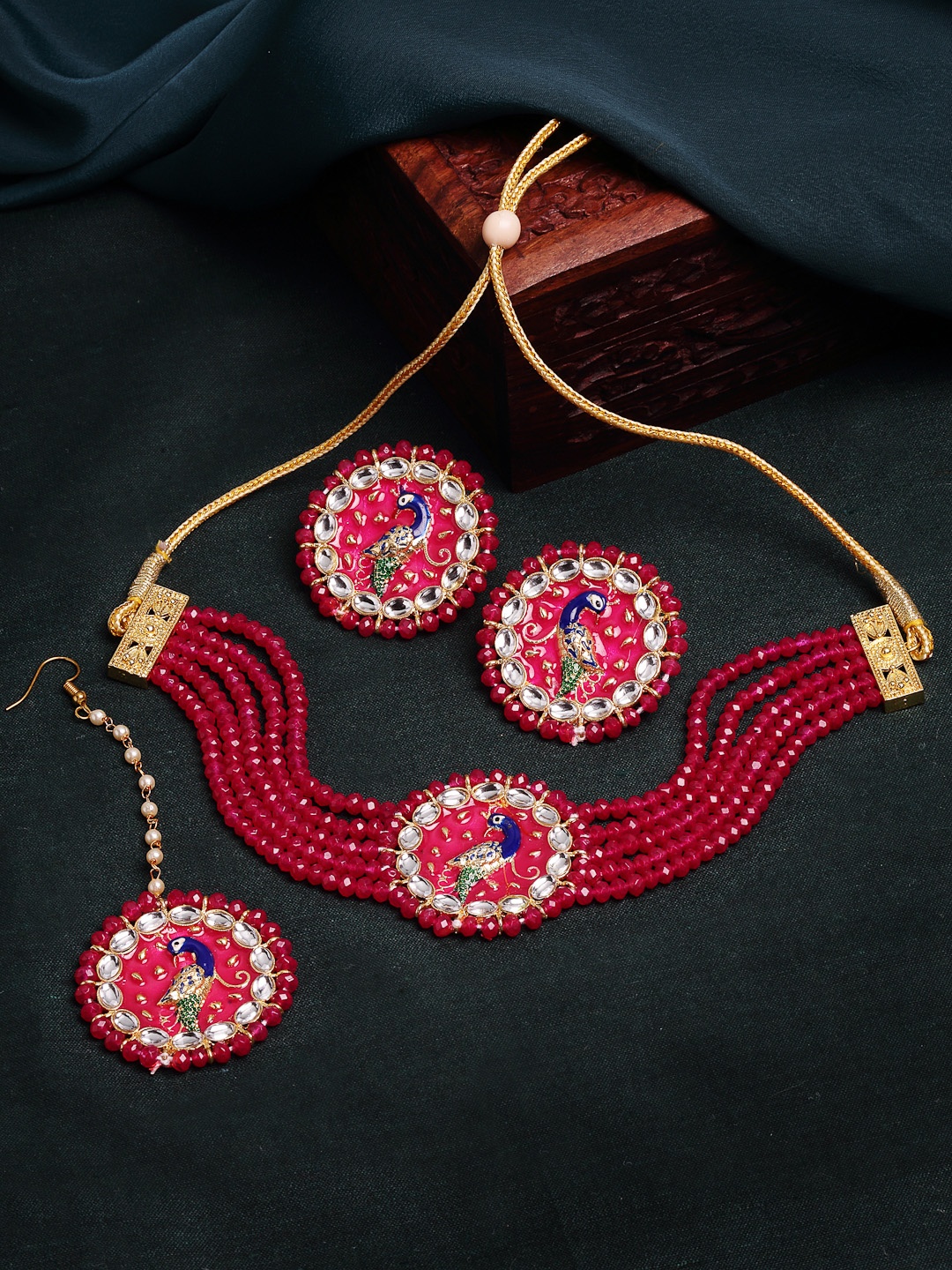 

PANASH Gold-Plated Pink & White Kundan-Studded Meenakari Jewellery Set