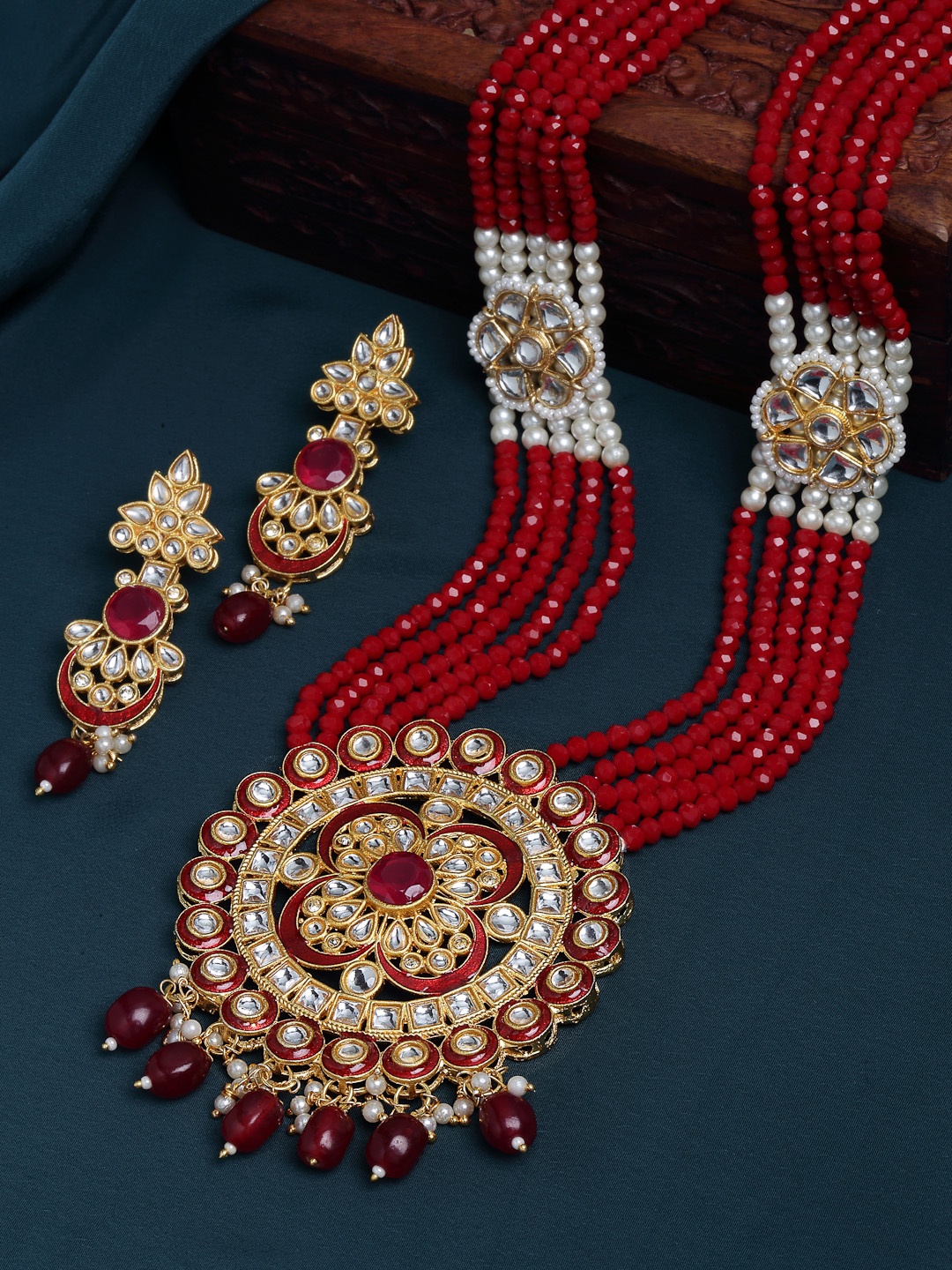 

PANASH Gold-Plated & Red Stone beaded Jewellery Set