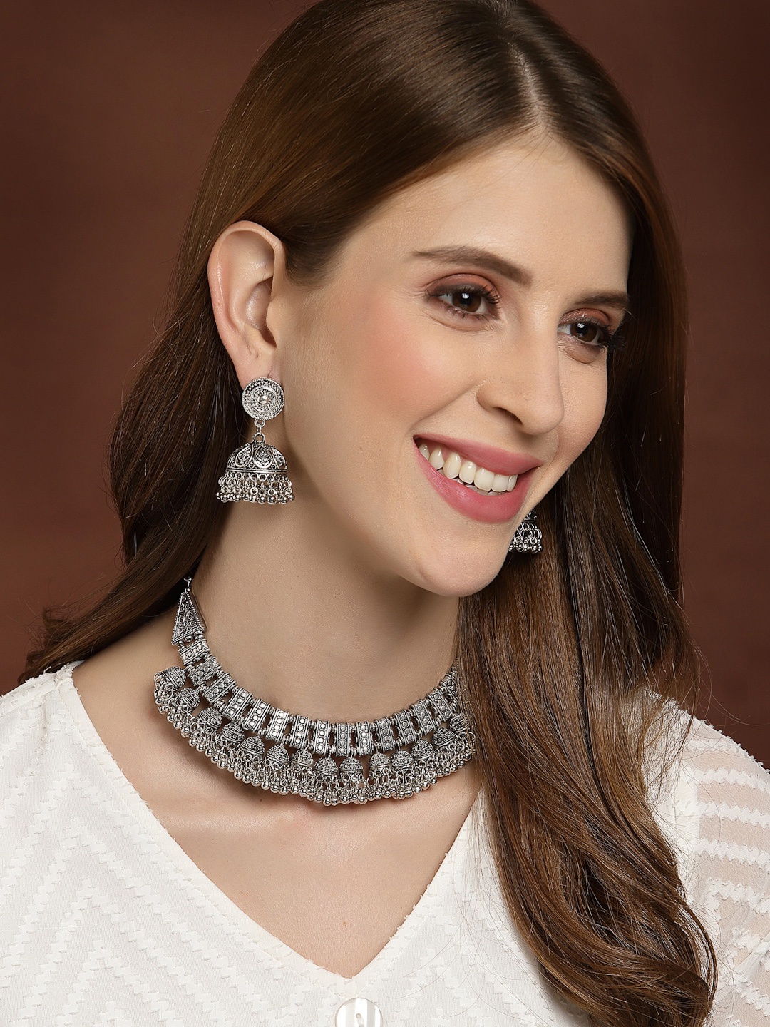 

PANASH Silver-Toned Oxidized Handcrafted Choker Necklace with Earrings