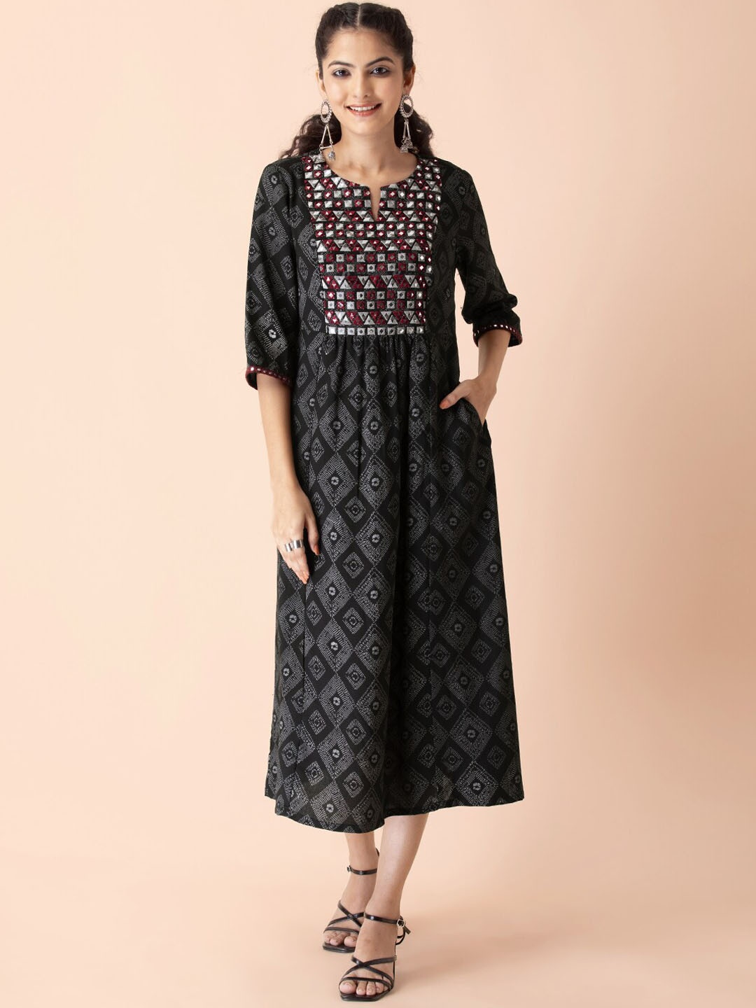 Earthen BY INDYA Women Black & Brown Geometric Mirror Work Anarkali Kurta