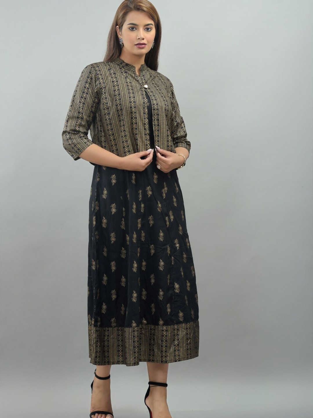 

IQRAAR Black Ethnic Motifs Layered Ethnic A-Line Maxi Dress