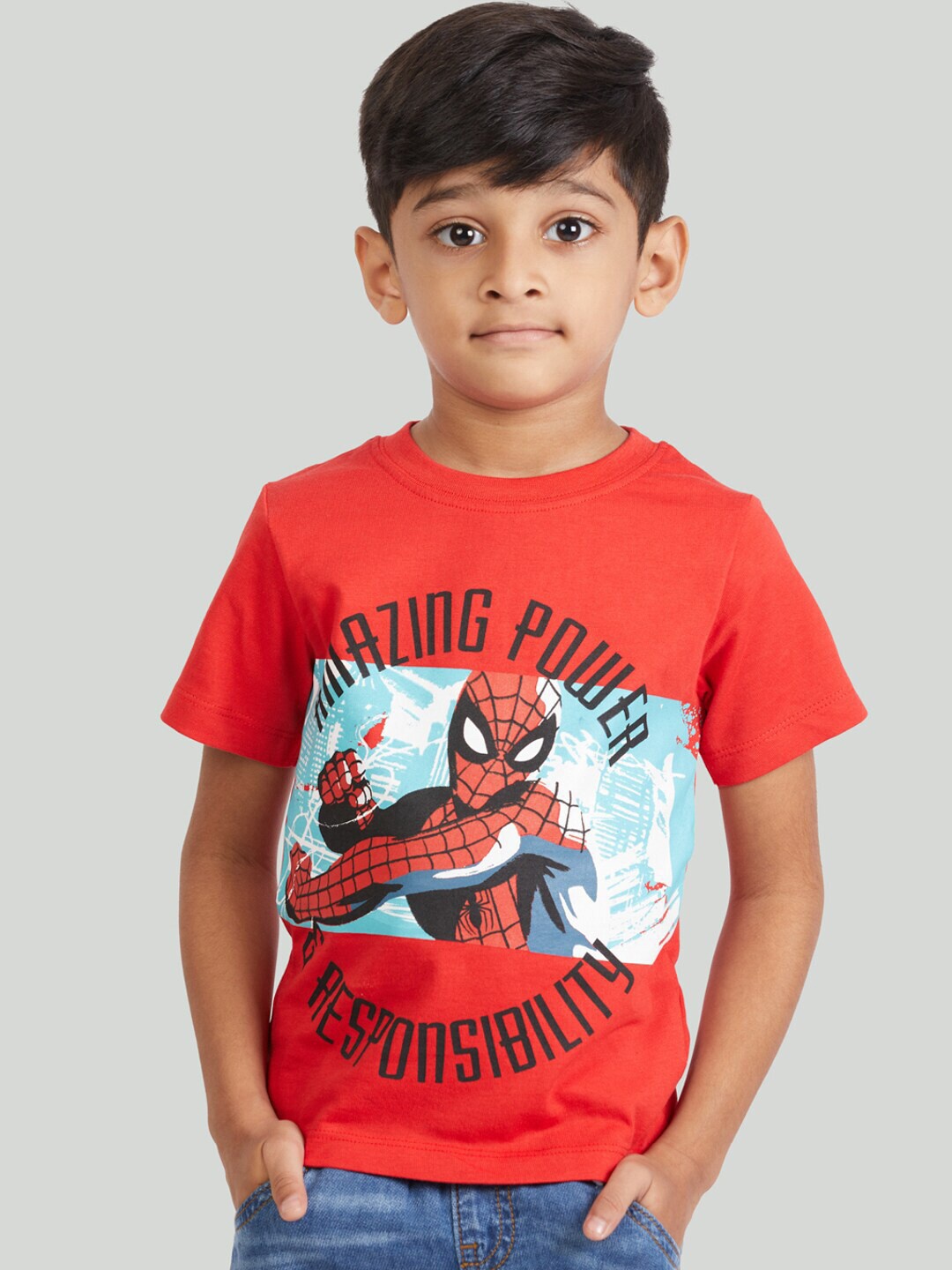 

Zalio Boys Red Spider-Man Printed Pure Cotton T-shirt