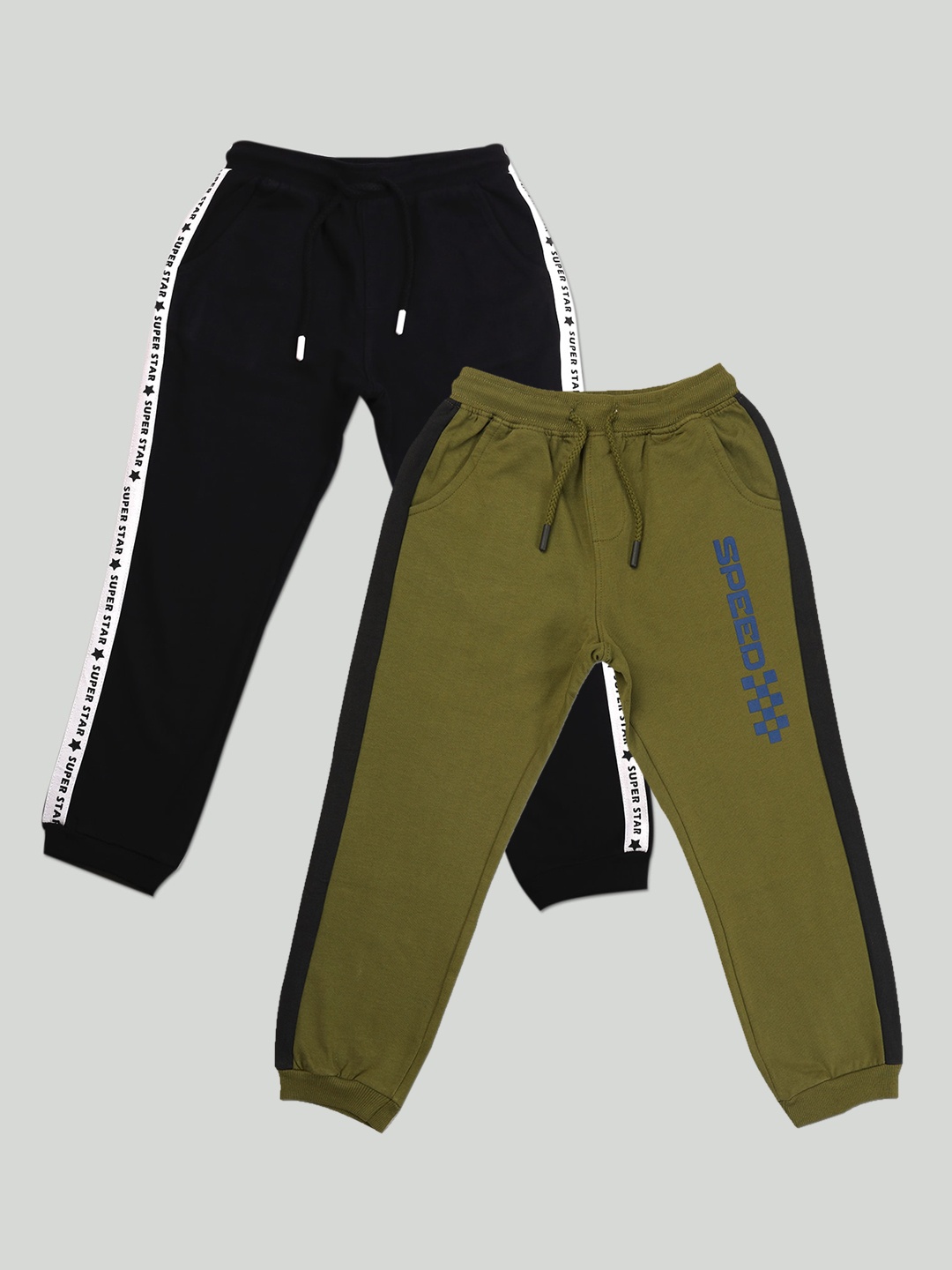 

Zalio Boys Pack Of 2 Olive Green & Black Solid Pure Cotton Track Pants