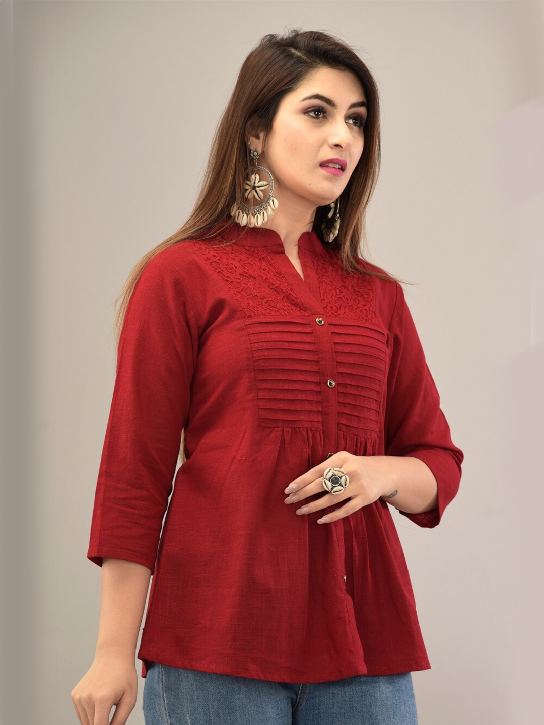 

IQRAAR Maroon Mandarin Collar Pleated Pure Cotton Top