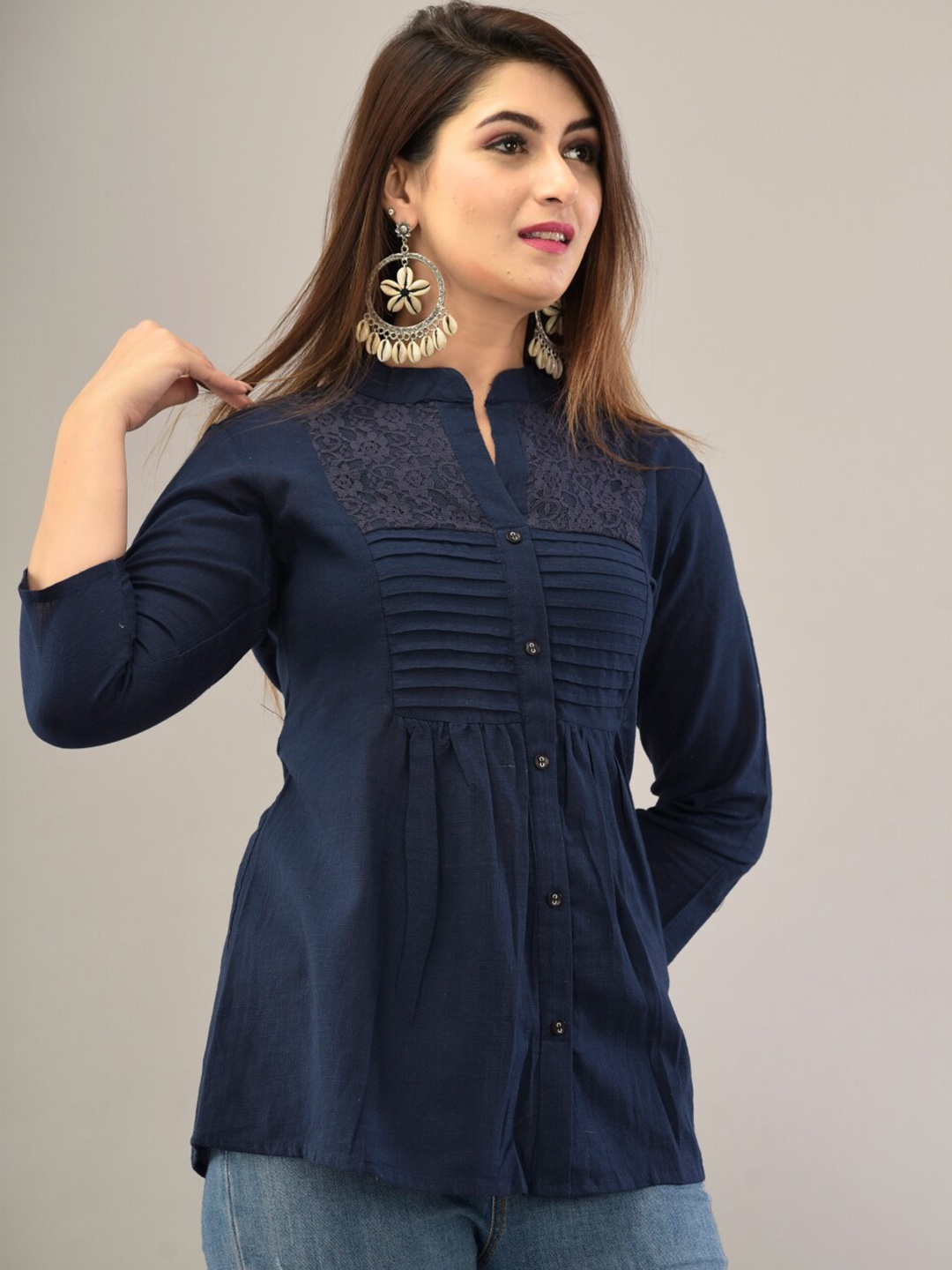 

IQRAAR Navy Blue Mandarin Collar Shirt Style Cotton Top