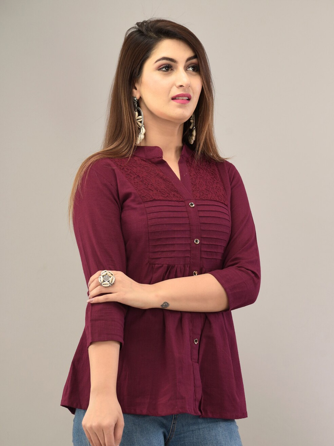 

IQRAAR Purple Mandarin Collar Shirt Style Top