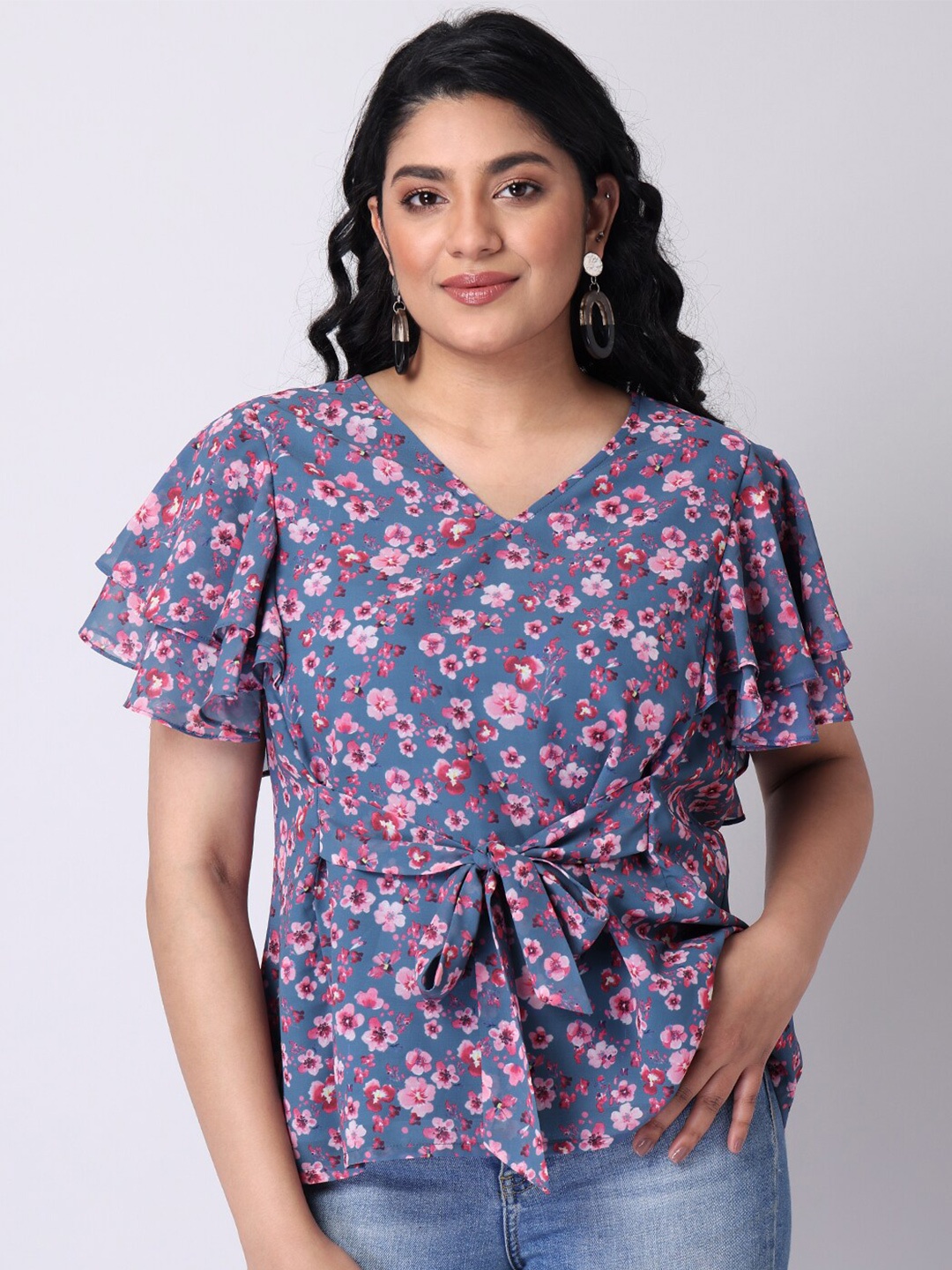 

FabAlley Curve Blue Floral Print Georgette Cinched Waist Top