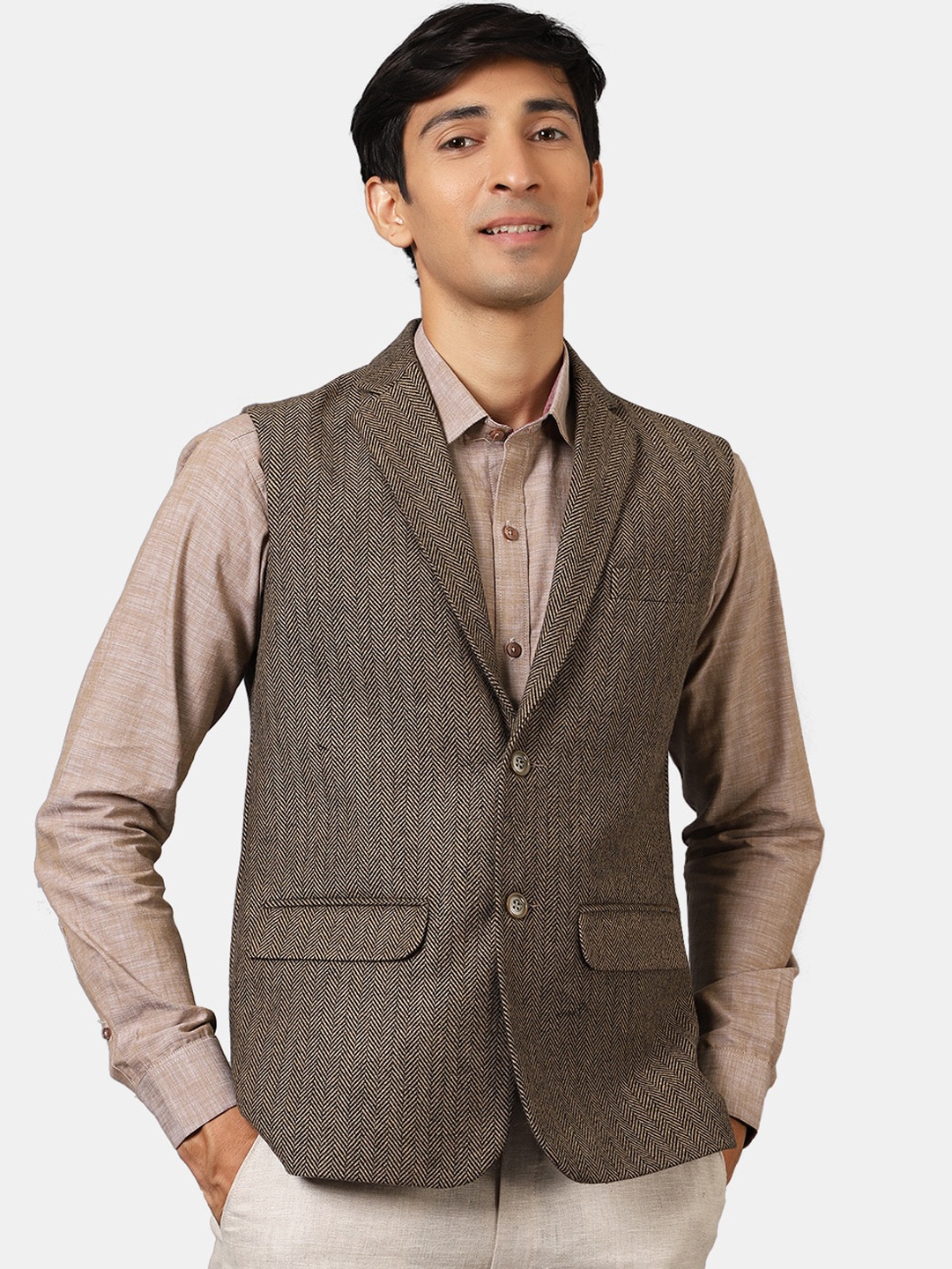 

Wintage Men Brown Woven Design Nehru Jacket