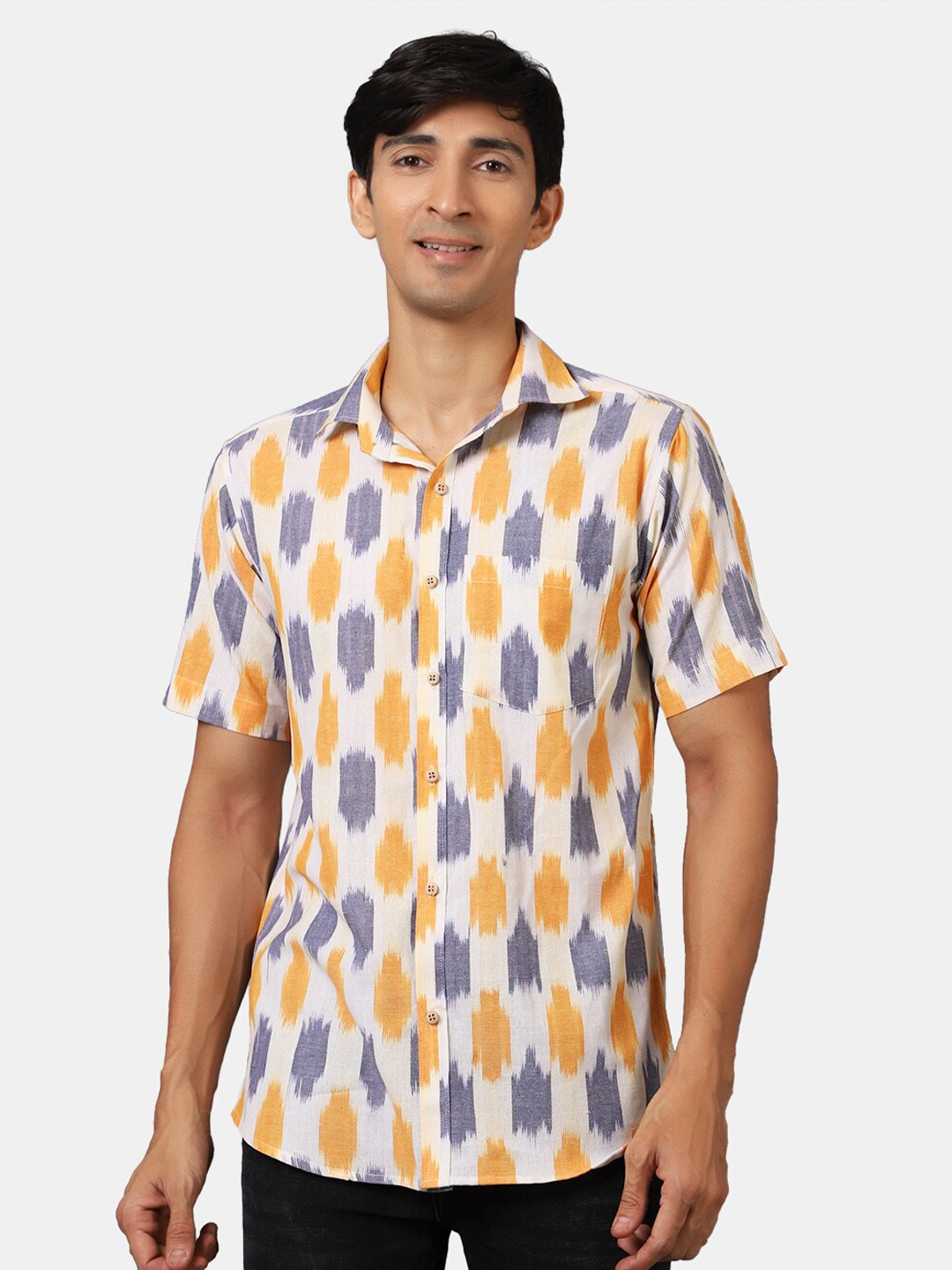 

Wintage Men Mustard & Grey Classic Ikat Cotton Casual Shirt