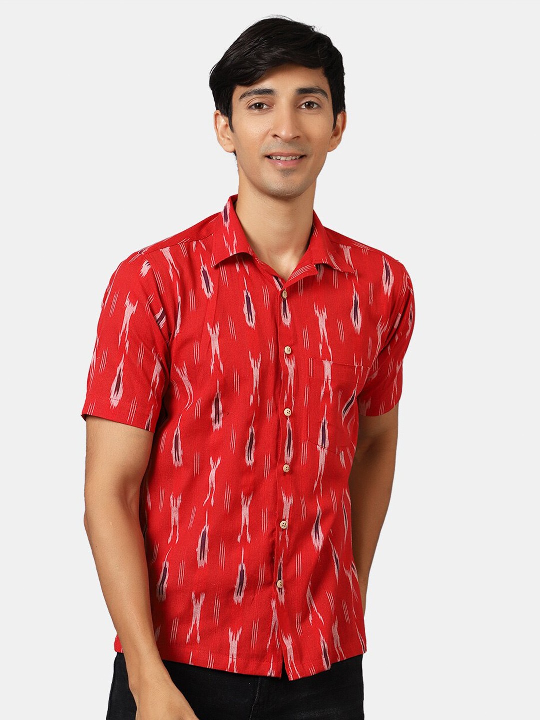 

Wintage Men Red Classic Ikat Printed Cotton Casual Shirt