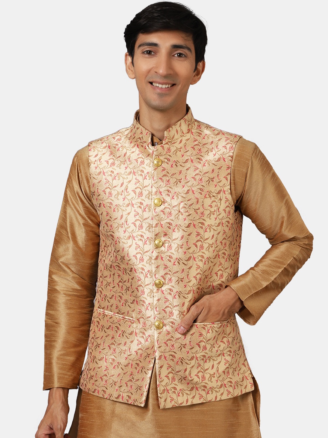 

Wintage Men Gold Coloured Printed Woven Nehru Jackets