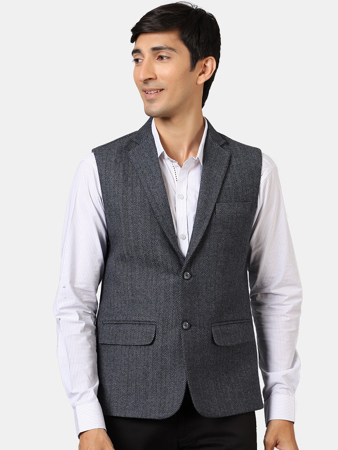 

Wintage Men Blue Woven Design Waistcoat