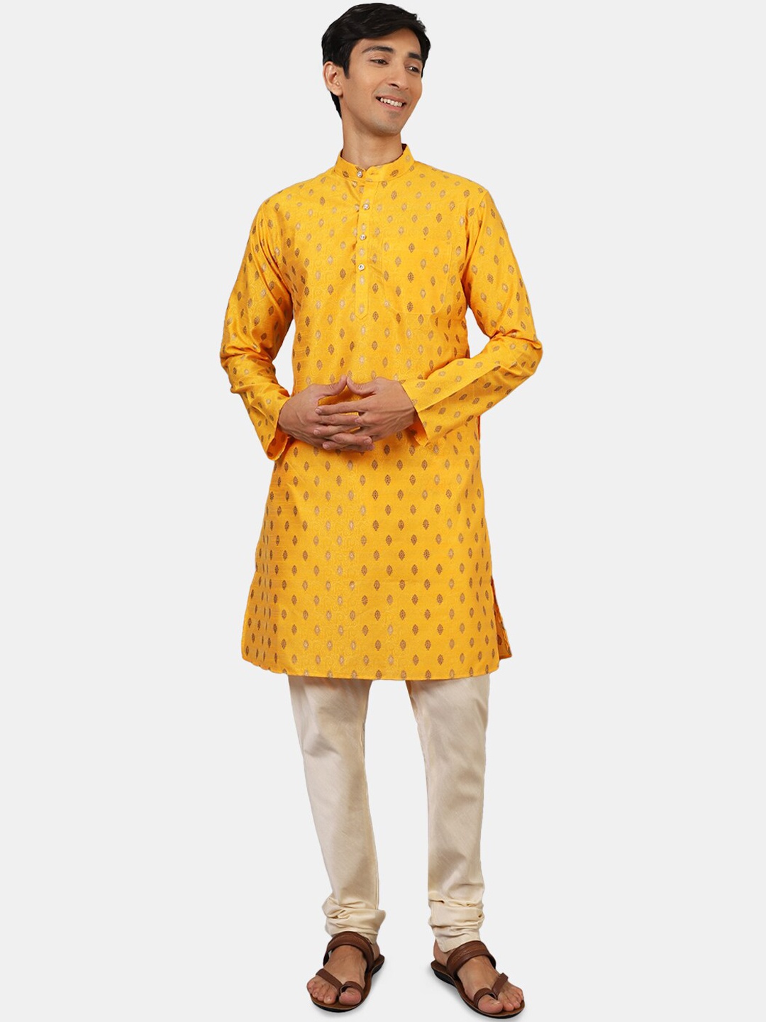 

Wintage Men Yellow & Off-White Ethnic Motifs Kurta with Churidar