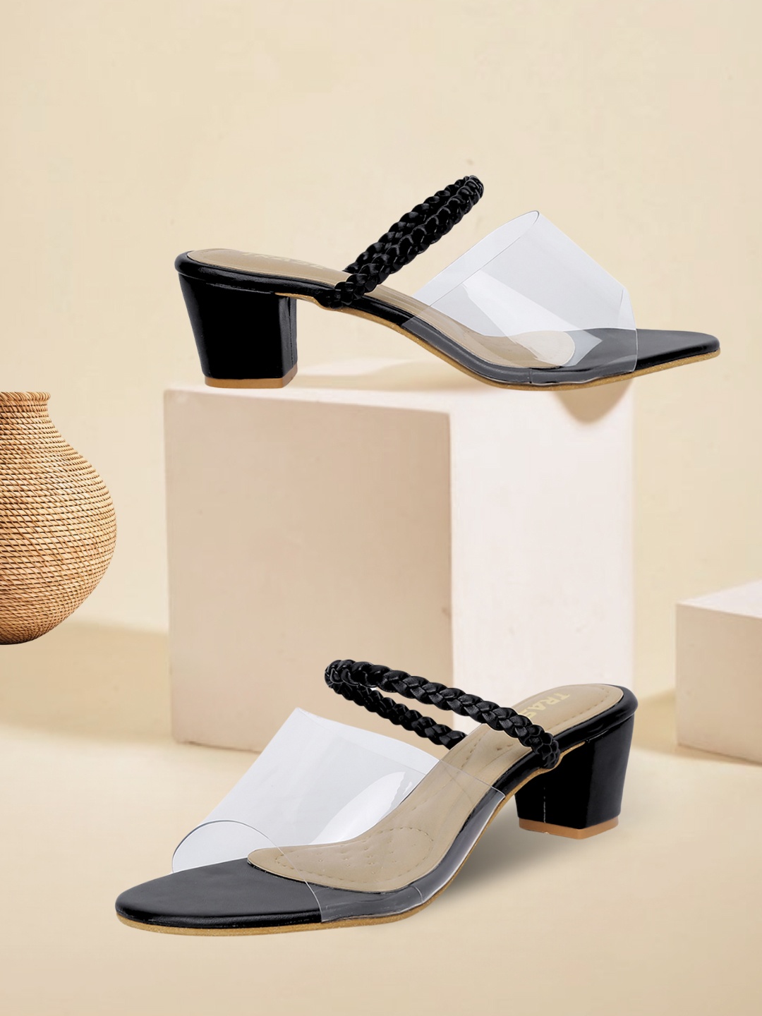 

TRASE Black Textured Block Sandals with Buckles