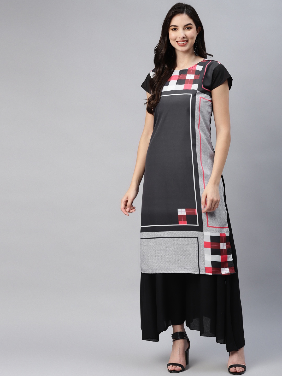 

Aarika Women Charcoal & Red Printed Kurta