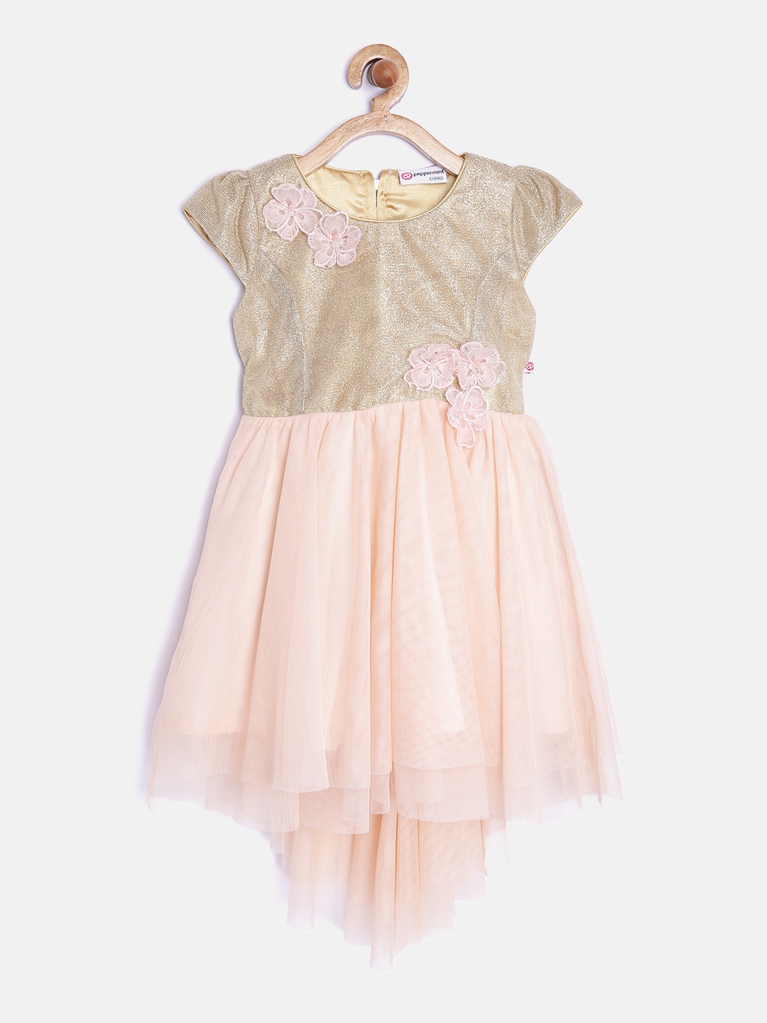 

Peppermint Girls Golden & Peach-Coloured Solid Fit & Flare Dress, Gold