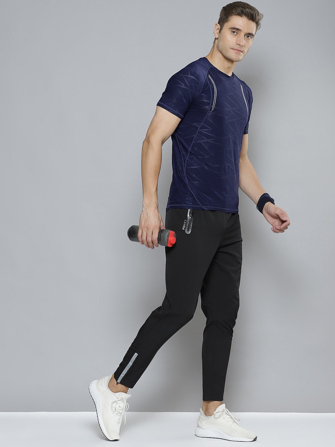 Fitkin Men Navy Blue Printed Anti Odour Gym T-shirt