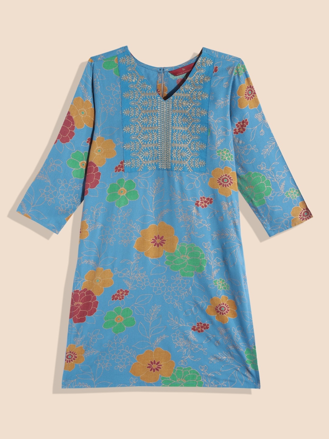 

House of Pataudi Girls Floral Yoke Design Floral Kurta, Blue