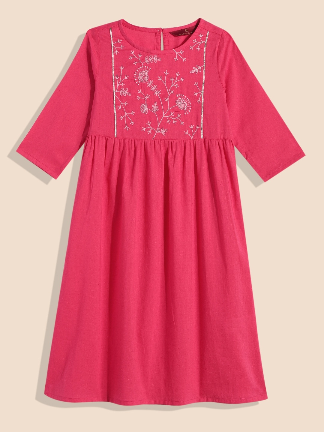 

House of Pataudi Girls Floral Yoke Design Embroidered Thread Work Cotton Anarkali Kurta, Pink