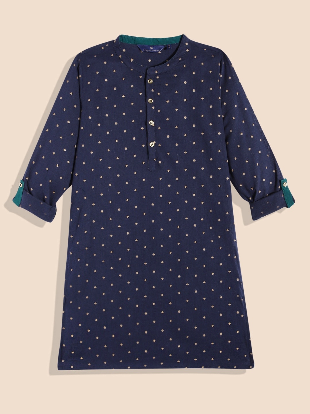 

House of Pataudi Boys Pure Cotton Geometric Printed Kaftan Kurta, Navy blue