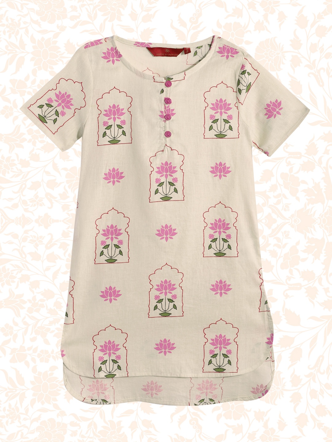 

House of Pataudi Girls Printed Pure Cotton Kurta, Off white